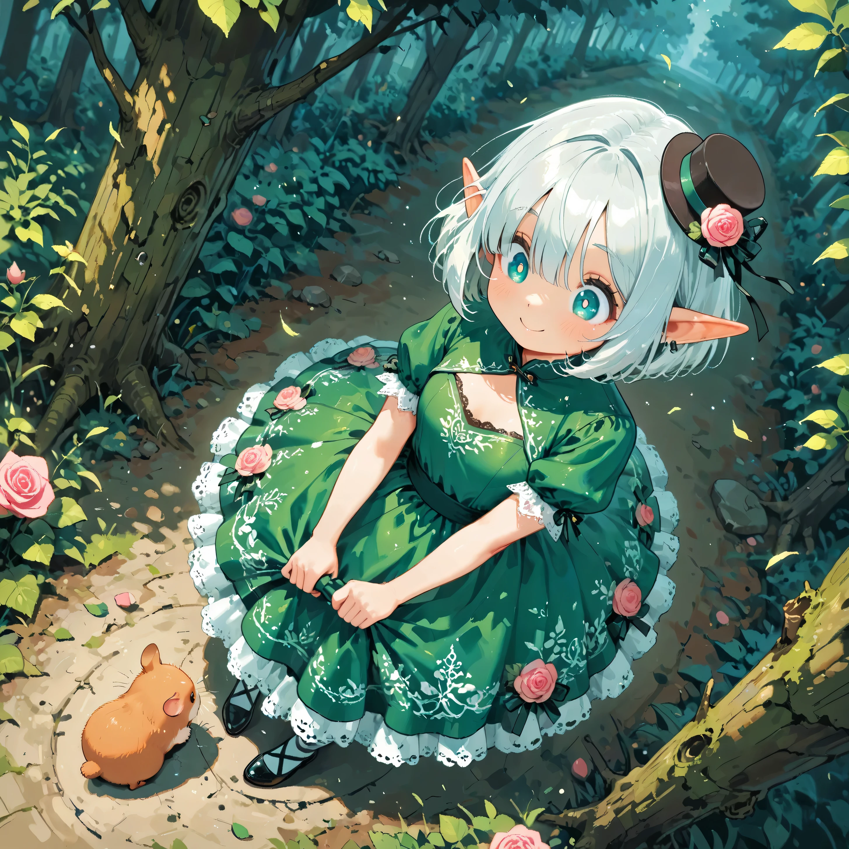 score_9, score_8_up, score_7_up, UHD, Masterpiece, amazing quality, very aesthetic, absurdres, ultra-detailed, 1girl\solo\(hamuko-chan, elf, silver bob cut,  mini hat\pink rose\lace, Intricate:1.3\Green leaf dress\frill, lace), (magic\wind & light & flower magic:1.3, smile),  stand on the leaves of the world tree, BREAK, (Cute animal hamster\animal, Djungarian, round eyes, fluffy fur), BREAK, BREAK, BREAK, huge world tree:1.2, dynamic angle:1.5, panorama:1.2, cinematic:1.3