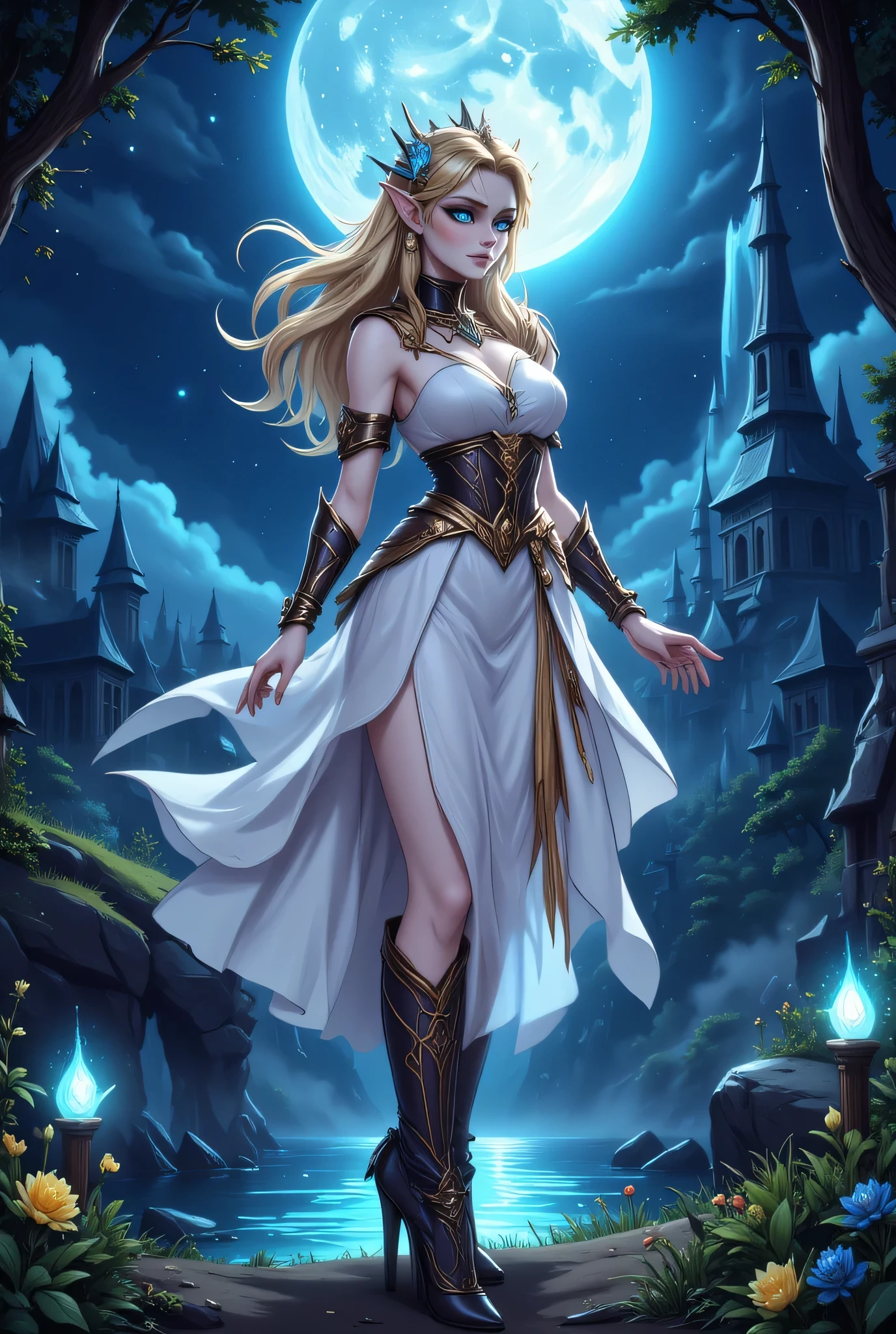 dark fantasy art, a picture of a fantasy, beautiful female elf, best detailed face,  pale skin, (blond: 1.2) hair, glowing eyes, blue eyes, wearing white dress, silk dress, wearing high heel boots, elegant boots, intricate dress, reflection light, it is night time, the moon is in the sky, a sense awe, might, magical runes. full body shot,  high details, best quality, 16k, [ultra detailed], masterpiece, best quality, (extremely detailed), close up, ultra wide shot, photorealistic, RAW, fantasy art, dnd art, fantasy art, realistic art,((best quality)), ((masterpiece)), (detailed), perfect face, fantasy, Glowing Runes