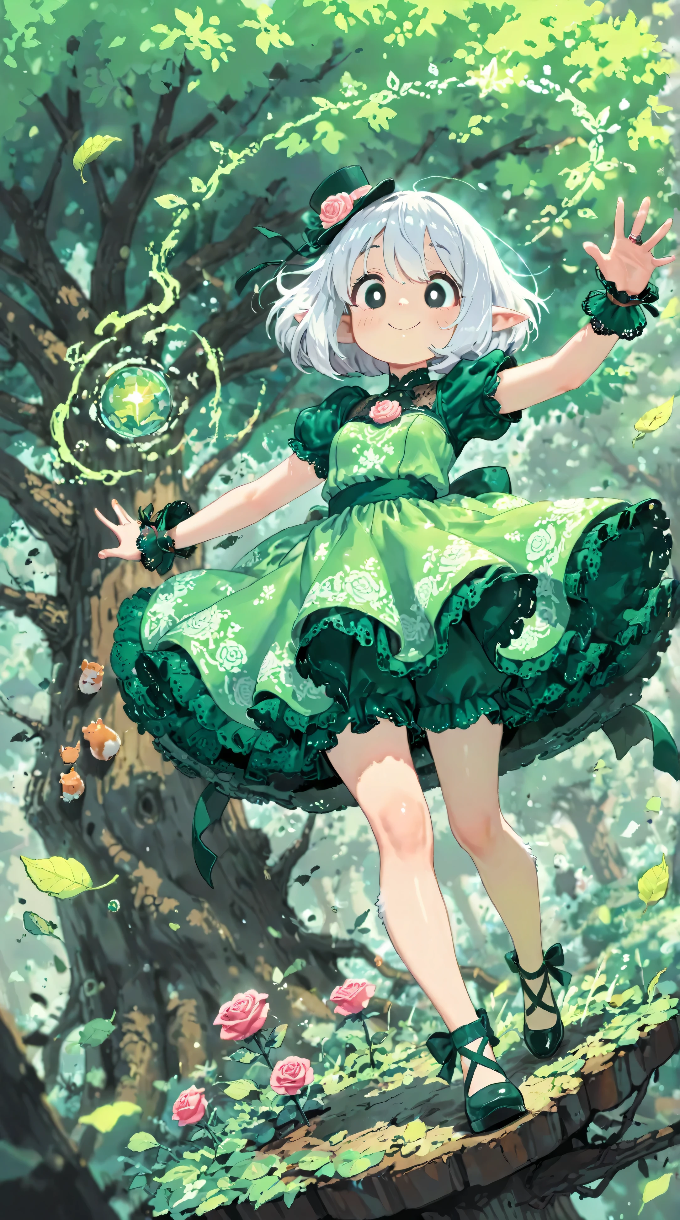 score_9, score_8_up, score_7_up, UHD, Masterpiece, amazing quality, very aesthetic, absurdres, ultra-detailed, 1girl\solo\(hamuko-chan, elf, silver bob cut, mini hat\pink rose\lace, Intricate:1.3\Green leaf dress\frill, lace), (magic\spilit of wind, smile), stand on the leaves of the world tree, BREAK, (Cute animal hamster\animal, Djungarian, round eyes, fluffy fur), BREAK, BREAK, BREAK, huge world tree:1.2, dynamic angle:1.5, panorama:1.2, cinematic:1.3