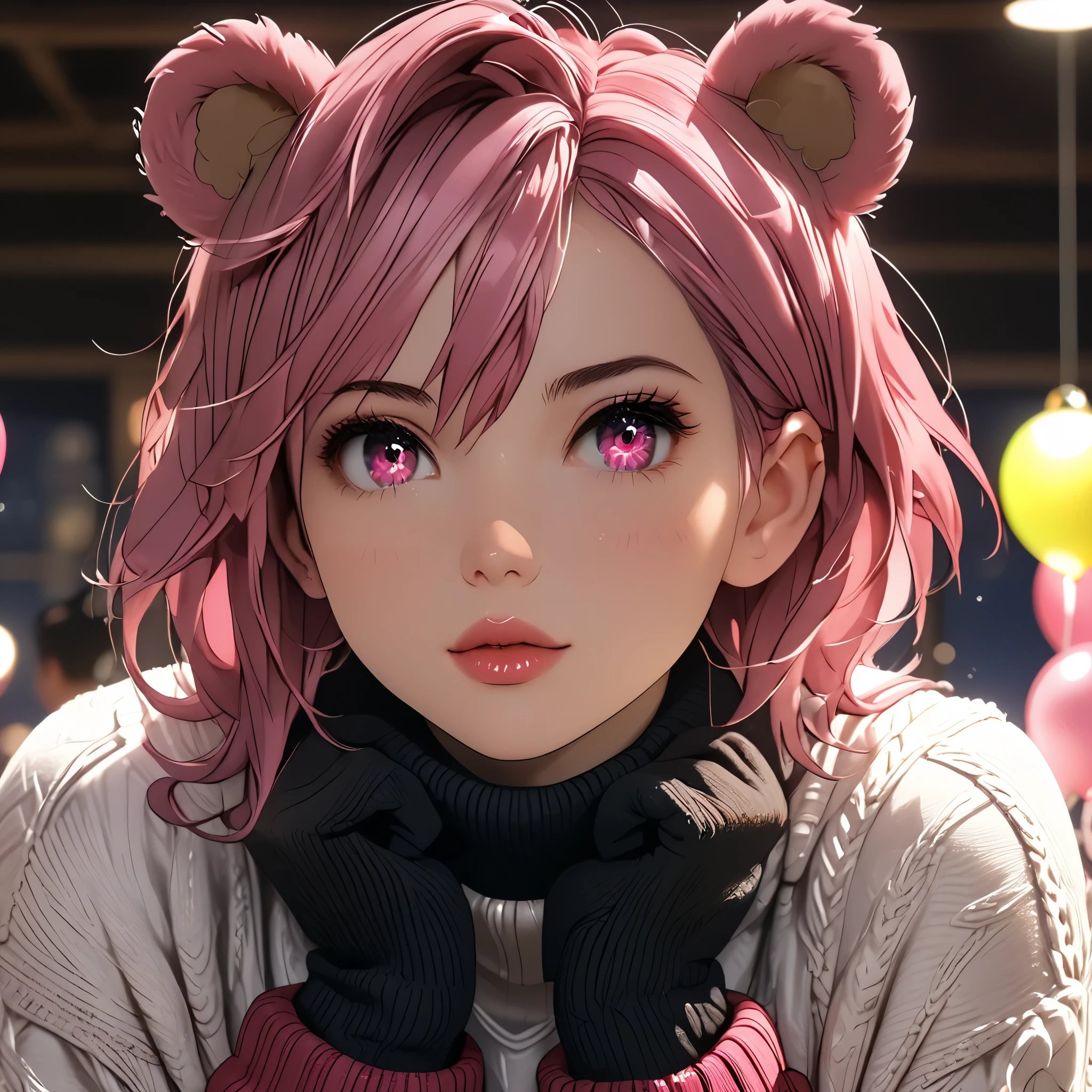 (beautiful girl:1.3),1girl,masterpiece,Highest quality,Ultra-high resolution,rich contrast,super high quality,8k,Highly detailed CG unit wallpaper,texture,Incredibly absurd,Ultra-high resolution,Highest quality anime,professional photograph,an extremely delicate and beautiful,RAW Photos,Depth of Field 1.2,ultra-detailed eyes,Glitter Effect,Beautiful glossy lips, 25years old, gorgeous legs, noise perfect, gorgeous ass, dynamic pose, sensual woman, seductive woman, mature woman, Milf, maternal, shy look, full body, (type of photo: medium shot, portraying the person from head to waist), aira shiratori, short hair, bangs, hair between eyes, pink hair, pink eyes, medium breasts, anime screencap, medium shot, Setting: A fair with neon lights, She is holding a teddy bear with a red bow and several heart balloons float around her. Her eyes reflect love and sweetness, Outfit: An oversized burgundy sweater with a turtleneck, leather leggings and tall black boots. Accessories: Wool gloves, a scarf in pink tones and a knitted hat with a pompom. Hair and makeup: natural makeup with a little highlighter and raspberry lips. in a cafeteria decorated with garlands of hearts,