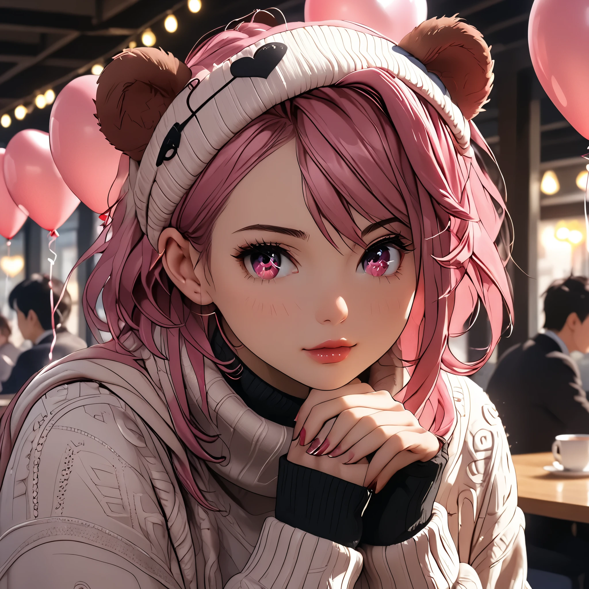 (beautiful girl:1.3),1girl,masterpiece,Highest quality,Ultra-high resolution,rich contrast,super high quality,8k,Highly detailed CG unit wallpaper,texture,Incredibly absurd,Ultra-high resolution,Highest quality anime,professional photograph,an extremely delicate and beautiful,RAW Photos,Depth of Field 1.2,ultra-detailed eyes,Glitter Effect,Beautiful glossy lips, 25years old, gorgeous legs, noise perfect, gorgeous ass, dynamic pose, sensual woman, seductive woman, mature woman, Milf, maternal, shy look, full body, (type of photo: medium shot, portraying the person from head to waist), aira shiratori, short hair, bangs, hair between eyes, pink hair, pink eyes, medium breasts, anime screencap, medium shot, Setting: A fair with neon lights, She is holding a teddy bear with a red bow and several heart balloons float around her. Her eyes reflect love and sweetness, Outfit: An oversized burgundy sweater with a turtleneck, leather leggings and tall black boots. Accessories: Wool gloves, a scarf in pink tones and a knitted hat with a pompom. Hair and makeup: natural makeup with a little highlighter and raspberry lips. in a cafeteria decorated with garlands of hearts, 