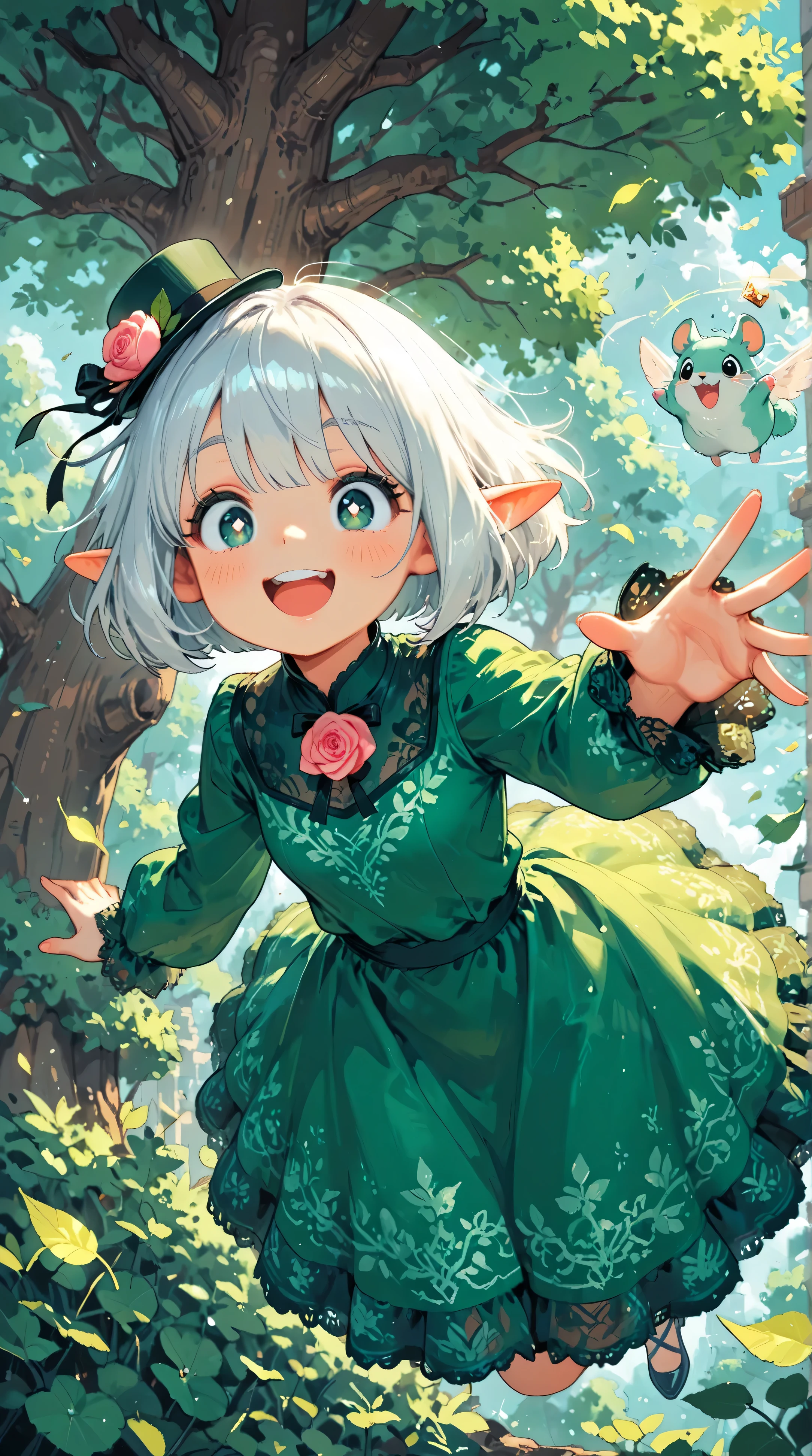 score_9, score_8_up, score_7_up, UHD, Masterpiece, amazing quality, very aesthetic, absurdres, ultra-detailed, 1girl\solo\(hamuko-chan, elf, silver bob cut,  mini hat\pink rose\lace, Intricate:1.3\Green leaf dress\frill, lace), (magic\wind & light & flower magic:1.3, smile),  stand on the leaves of the world tree, BREAK, (Cute animal hamster\animal, Djungarian, round eyes, fluffy fur), BREAK, BREAK, BREAK, huge world tree:1.2, dynamic angle:1.5, panorama:1.2, cinematic:1.3