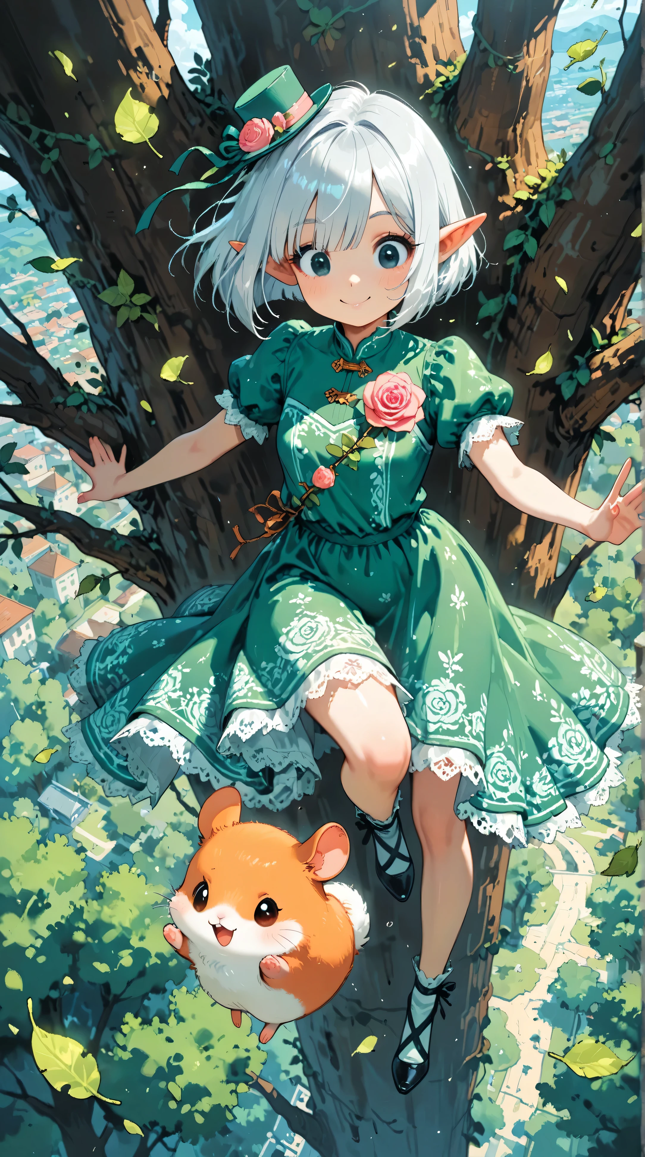 score_9, score_8_up, score_7_up, UHD, Masterpiece, amazing quality, very aesthetic, absurdres, ultra-detailed, 1girl\solo\(hamuko-chan, elf, silver bob cut,  mini hat\pink rose\lace, Intricate:1.3\Green leaf dress\frill, lace), (magic\wind & light & flower magic:1.3, smile),  stand on the leaves of the world tree, BREAK, (Cute animal hamster\animal, Djungarian, round eyes, fluffy fur), BREAK, BREAK, BREAK, huge world tree:1.2, dynamic angle:1.5, panorama:1.2, cinematic:1.3