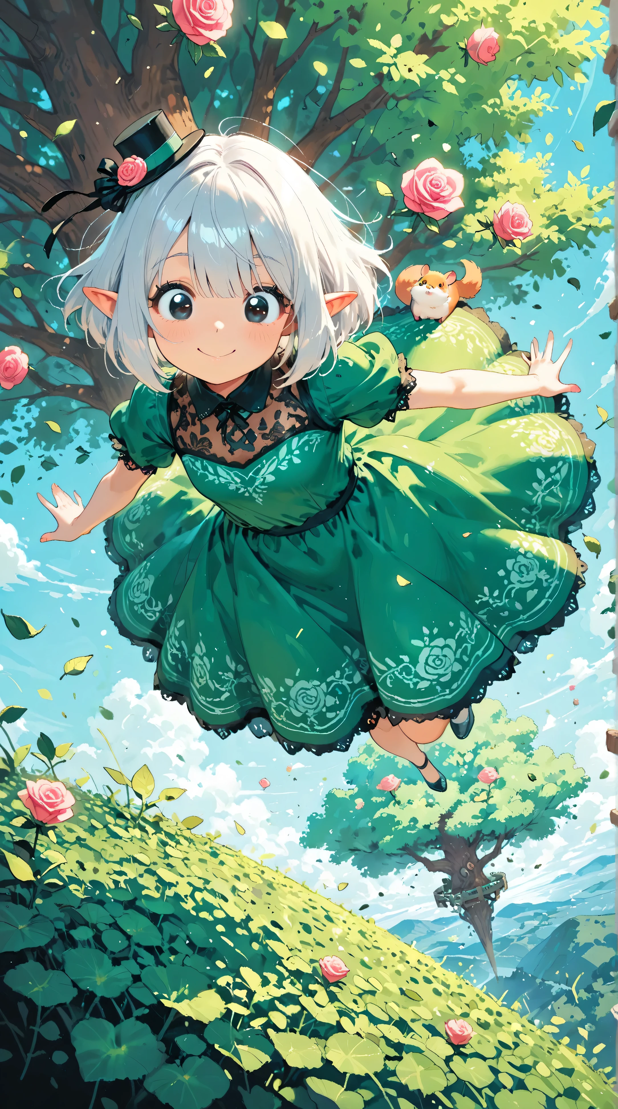 score_9, score_8_up, score_7_up, UHD, Masterpiece, amazing quality, very aesthetic, absurdres, ultra-detailed, 1girl\solo\(hamuko-chan, elf, silver bob cut,  mini hat\pink rose\lace, Intricate:1.3\Green leaf dress\frill, lace), (magic\wind & light & flower magic:1.3, smile),  stand on the leaves of the world tree, BREAK, (Cute animal hamster\animal, Djungarian, round eyes, fluffy fur), BREAK, BREAK, BREAK, huge world tree:1.2, dynamic angle:1.5, panorama:1.2, cinematic:1.3