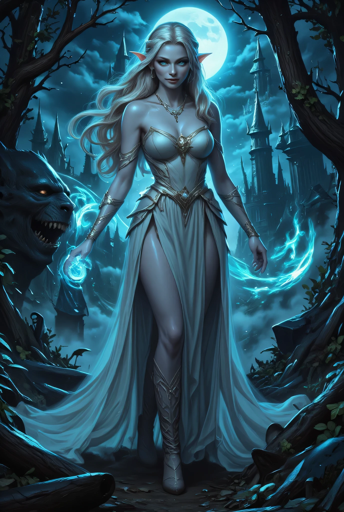 dark fantasy art, a picture of a fantasy, beautiful female elf, best detailed face,  pale skin, (blond: 1.2) hair, glowing eyes, blue eyes, wearing white dress, silk dress, wearing high heel boots, elegant boots, intricate dress, reflection light, it is night time, the moon is in the sky, a sense awe, might, magical runes. full body shot,  high details, best quality, 16k, [ultra detailed], masterpiece, best quality, (extremely detailed), close up, ultra wide shot, photorealistic, RAW, fantasy art, dnd art, fantasy art, realistic art,((best quality)), ((masterpiece)), (detailed), perfect face, fantasy, Glowing Runes
