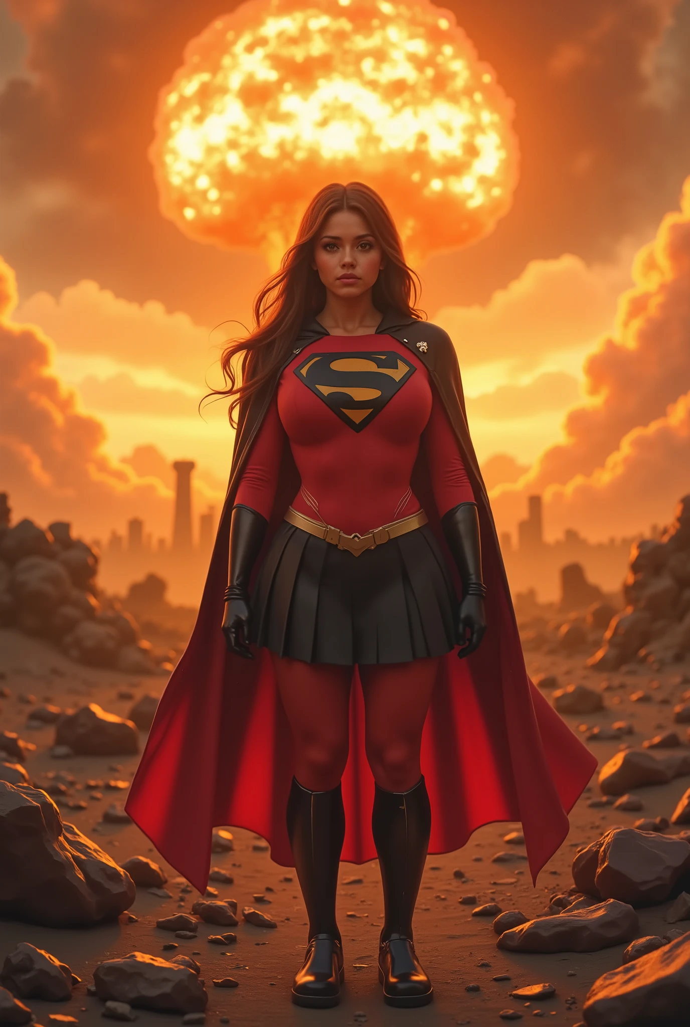 (INCREDIBLE DETAILS AND TEXTURES. [!!Nuclear POWERED Supergirl!!] A powerful young GIRL stands defiantly in a post-apocalyptic landscape, her RED NUCLEAR RADIATION INFUSED candy apple red leotard gleaming against the burnt orange sky. The black 'S' emblem on her chest commands attention, while her black skirt and cape billow dramatically in the radioactive wind. ready to unleash devastating atomic beams. Behind her, massive mushroom clouds bloom against the horizon, their distinctive forms silhouetted by the eerie light filtering through the atmospheric haze. Debris swirls around her feet, yet she remains unmoved, a beacon of power amidst the devastation. The scene is rendered in crystal-clear 4K detail, capturing every fold of her costume and the complex interplay of light and shadow across the wasteland. 
