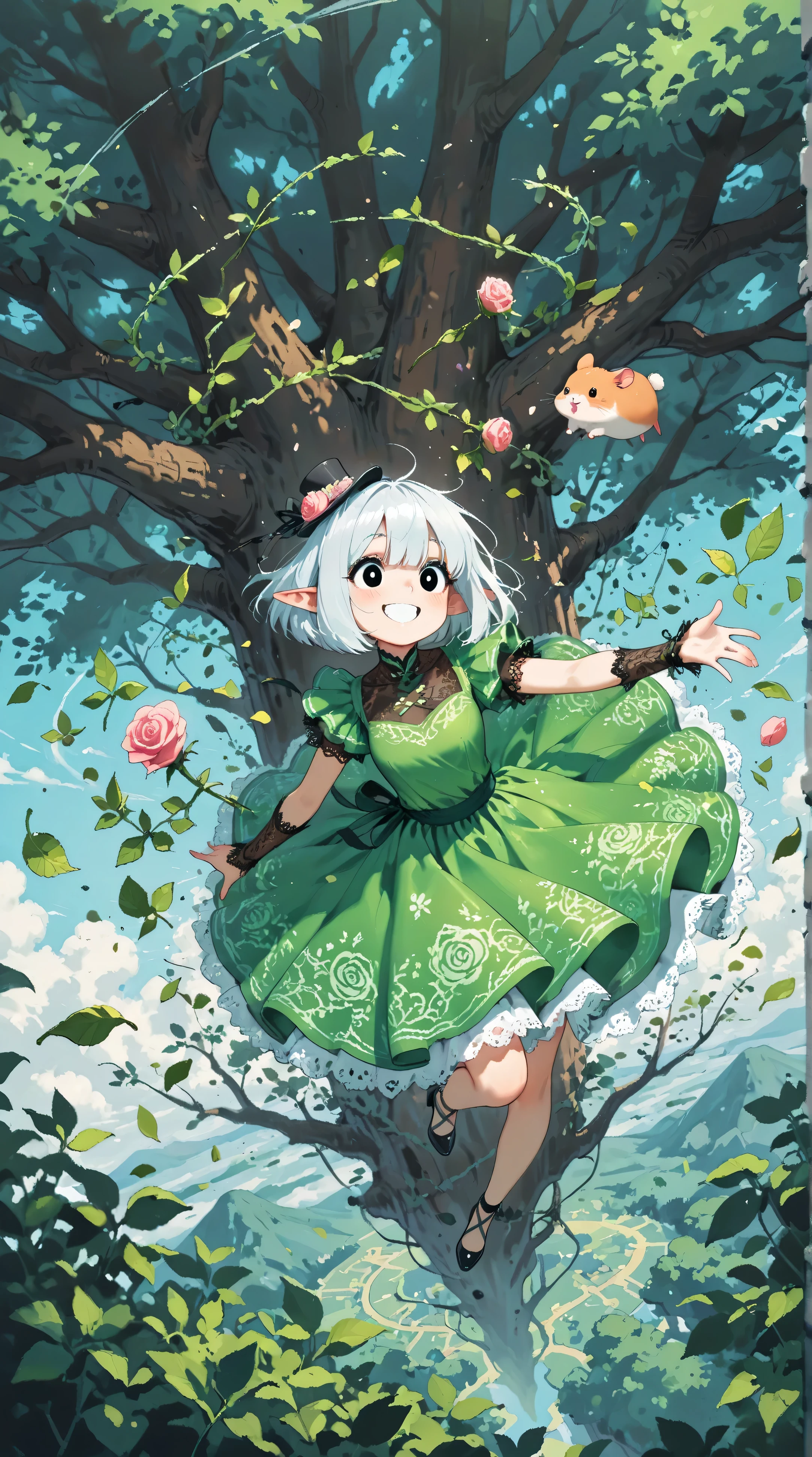 score_9, score_8_up, score_7_up, UHD, Masterpiece, amazing quality, very aesthetic, absurdres, ultra-detailed, 1girl\solo\(hamuko-chan, elf, silver bob cut,  mini hat\pink rose\lace, Intricate:1.3\Green leaf dress\frill, lace), (magic\wind & light & flower magic:1.3, smile),  stand on the leaves of the world tree, BREAK, (Cute animal hamster\animal, Djungarian, round eyes, fluffy fur), BREAK, BREAK, BREAK, huge world tree:1.2, dynamic angle:1.5, panorama:1.2, cinematic:1.3