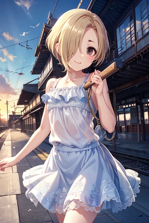 lumine_\(genshin_impact\), hiten kei style, claude monet, oil painting, masterpiece, hyper realistic, realistic skin, best quality, 1girl, village, trees, medium breasts, huge nipples, erect nipples, looking at another, topless, full body, vector illustration, nipples, light smile, bangs, bare shoulders, blonde hair, maid skirt, waist apron, wet, soaked, raining, hanging laundry, smiling, happy, black pantyhose, windmill, sunlight, cool breeze, blue sky, stretching, looking up, wood pail, wet body, flowers, little village, laundry, hanging sheets, navel, dry ground, innocent