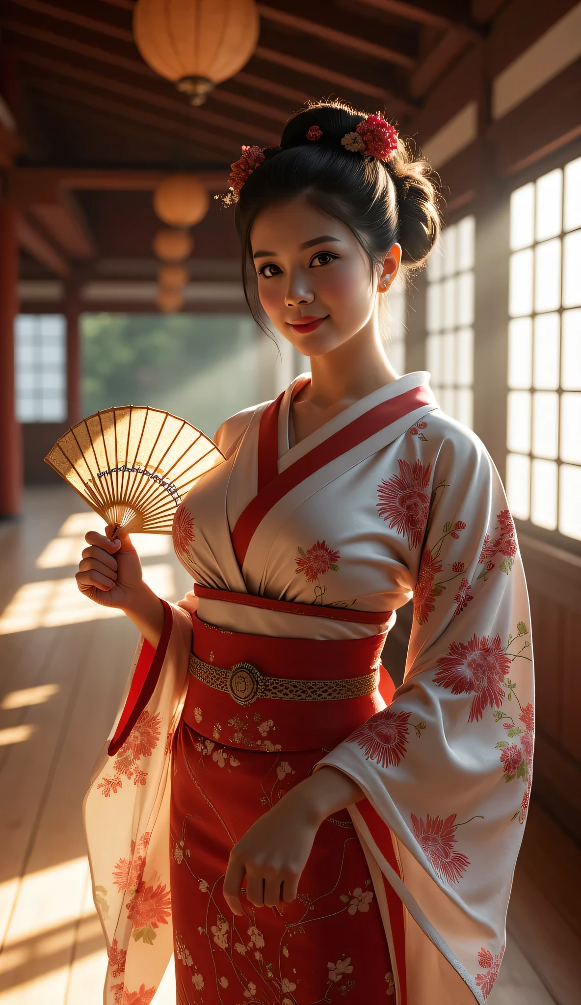 **Prompt:** Create a symmetrically balanced wide-angle image that captures the essence of the ancient Tokugawa era in Japan. The focal point of the scene is a hyper-realistic busty and lively ancient courtesan geisha Japanese woman, portrayed as a folk busty chubb geisha. She exudes charm with a gentle blush and a warm smile, dressed in a beautifully shaped traditional kimono that accentuates her figure, complemented by an elegantly tied obi. In her hand, she gracefully displays a large, intricately designed folding fan that catches the light, enhancing the richness of the image. The composition features wide central leading lines, drawing the viewer's eye into the magnificent interior of an ancient Japanese palace, adorned with traditional architecture. The soft lighting envelops the scene, providing a full depth of field that brings the details to life—from the shiny texture of her hair to the realistic depiction of her hands with accurately portrayed fingers. The artistic style draws inspiration from modeling photography, with influences from platforms like ArtStation and DeviantArt, creating an ultra-realistic 3D computer graphics vibe infused with elements of silkPunkAi artwork for lifelike texture depth. The image should be rendered in 8K ultra high-definition quality to showcase every intricacy and detail, presenting a RAW photo-like experience that invites admiration and wonder. Keywords to emphasize: Tokugawa era, hyper-realistic, ancient Japanese woman, folk bust geisha, traditional kimono, intricately folding fan, ancient Japanese palace, soft lighting, modeling photography, ultra high-definition, lifelike texture depth.