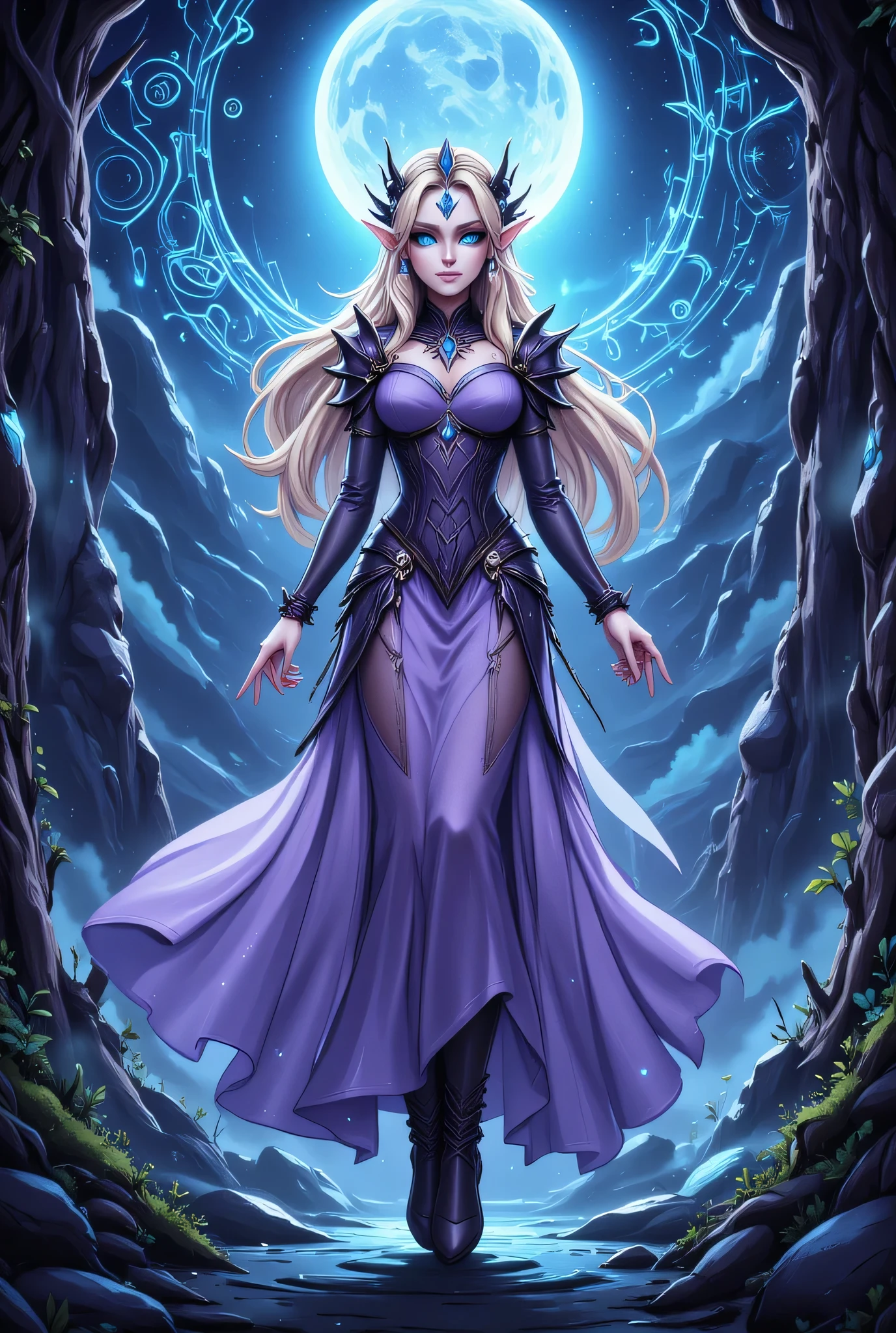 dark fantasy art, a picture of a fantasy, beautiful female elf, best detailed face,  pale skin, (blond: 1.2) hair, glowing eyes, blue eyes, wearing lavender dress, silk dress, wearing high heel boots, elegant boots, intricate dress, reflection light, it is night time, the moon is in the sky, a sense awe, might, magical runes. full body shot,  high details, best quality, 16k, [ultra detailed], masterpiece, best quality, (extremely detailed), close up, ultra wide shot, photorealistic, RAW, fantasy art, dnd art, fantasy art, realistic art,((best quality)), ((masterpiece)), (detailed), perfect face, fantasy, Glowing Runes