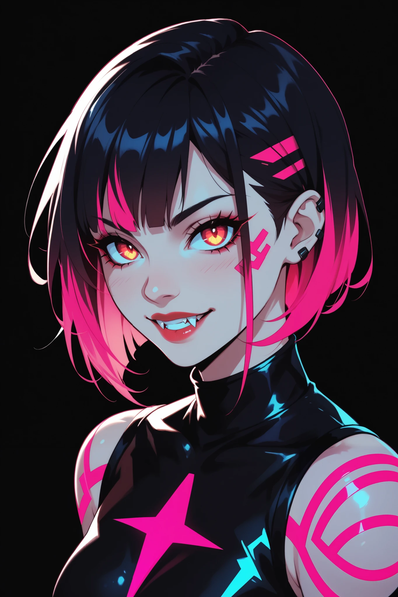 cute anime vampire girl, neon hair, neon fangs, neon lights, neon colors, black dark background, black futuristic style outfit, neon glowing outlines, masterpiece, highest quality,amazing quality,absurdres