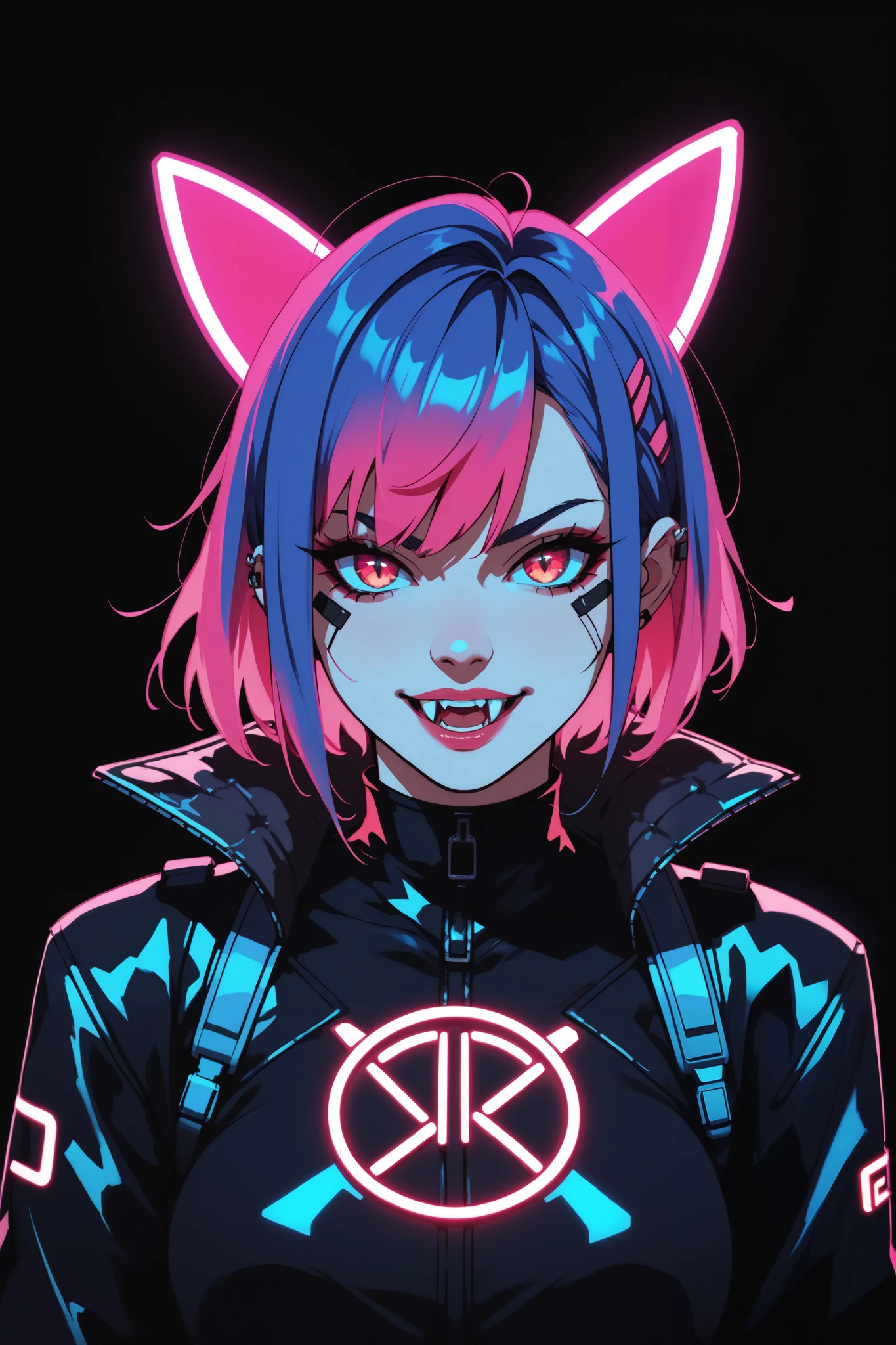 cute anime vampire girl, neon hair, neon fangs, neon lights, neon colors, black dark background, black futuristic style outfit, neon glowing outlines, masterpiece, highest quality,amazing quality,absurdres