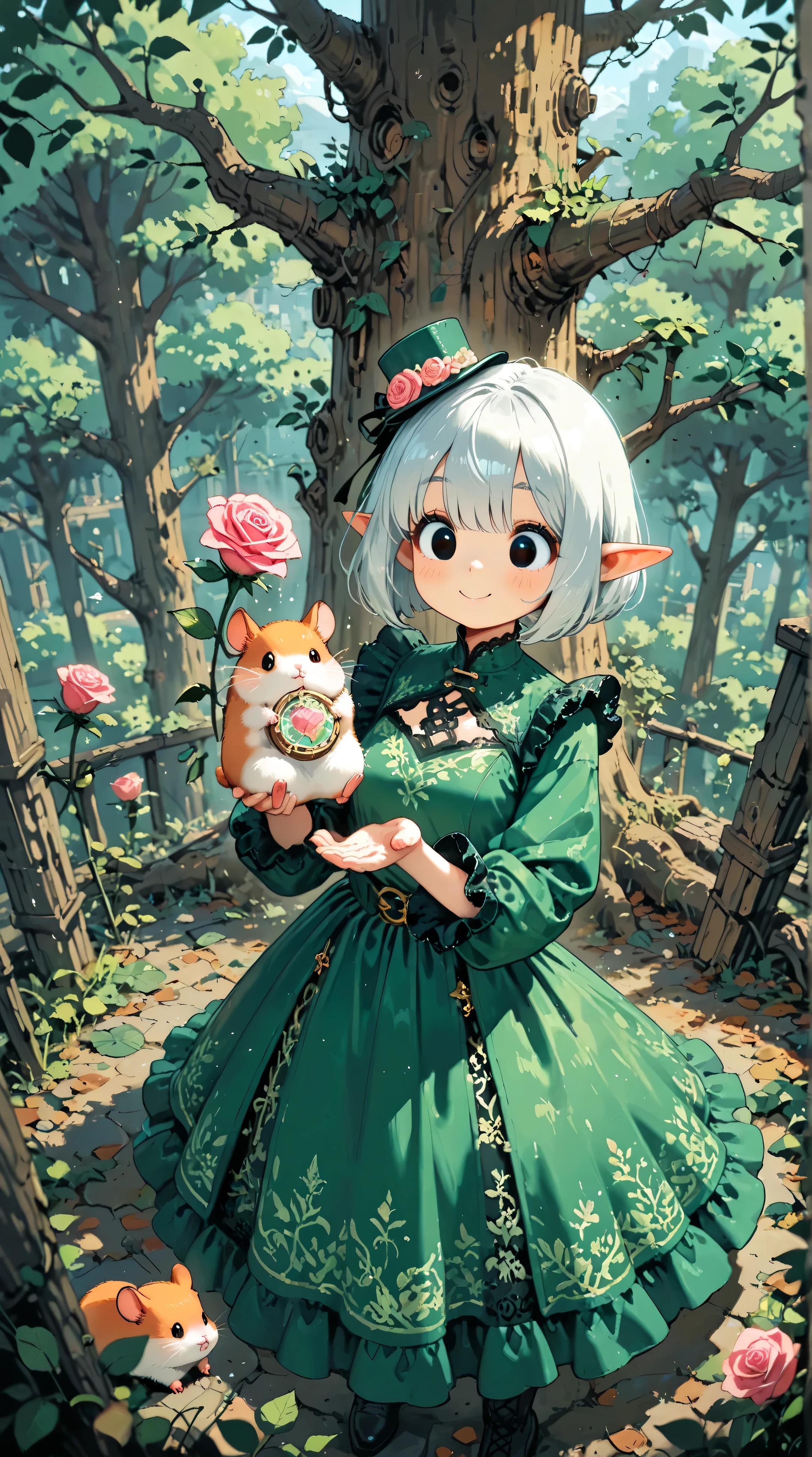 score_9, score_8_up, score_7_up, UHD, Masterpiece, amazing quality, very aesthetic, absurdres, ultra-detailed, 1girl\solo\(hamuko-chan, elf, silver bob cut,  mini hat\pink rose\lace, Intricate:1.3\Green leaf dress\frill, lace), (magic\wind & light & flower magic:1.3, smile),  stand on the leaves of the world tree, BREAK, (Cute animal hamster\animal, Djungarian, round eyes, fluffy fur), BREAK, BREAK, BREAK, huge world tree:1.2, dynamic angle:1.5, panorama:1.2, cinematic:1.3