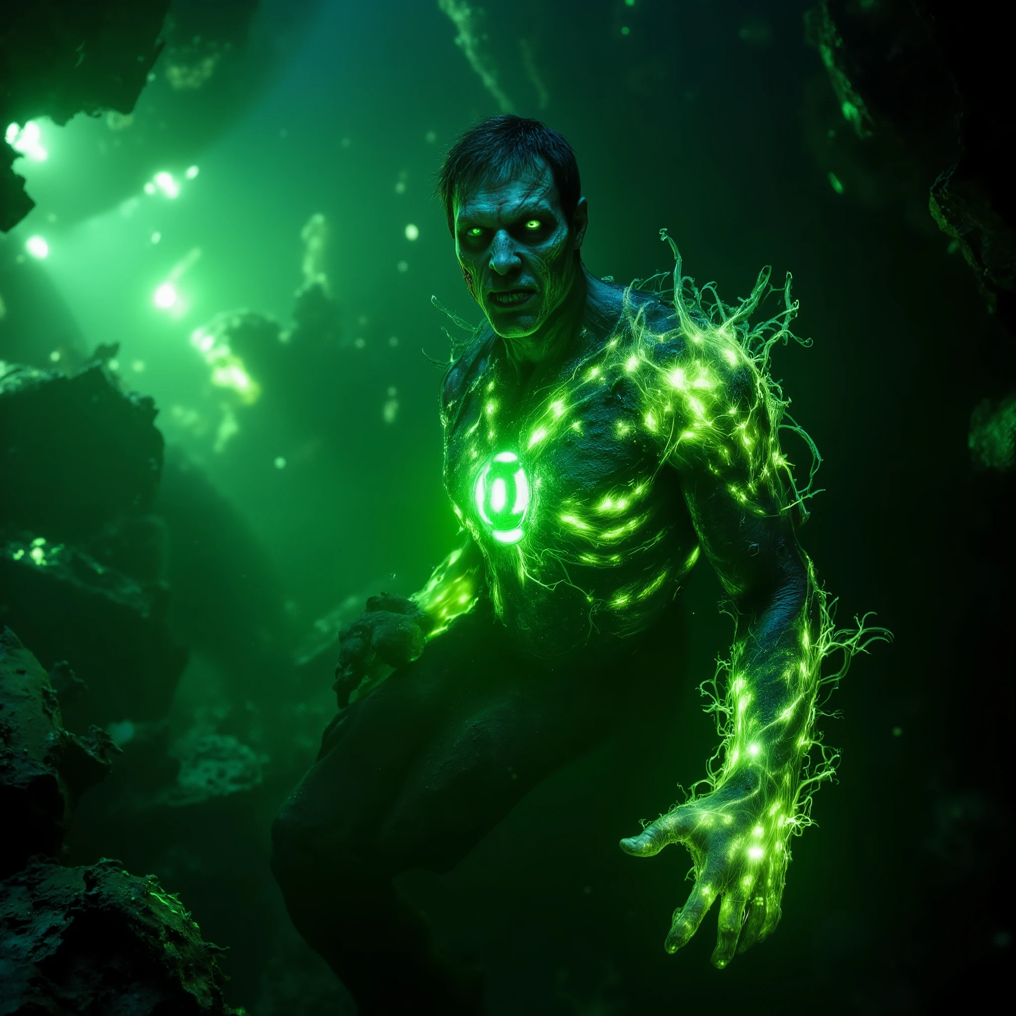 Green Lantern — The Fungal Construct
Light Composition and Angle :
The camera captures Hal Jordan floating in the vacuum , surrounded by the remains of spaceships covered by bioluminescent mold . Your green aura still shines , but now mixed with a sporulating mist that slowly spreads around you.
Description :
Your ring still obeys your commands , but no longer creates mechanical constructs — now , he summons living tentacles of energy fungus , that grow and move on their own . The Cordyceps took over your right arm , transforming it into a grotesque fusion of flesh , light and fungal matter . His face is only partially recognizable , because a large fungal plaque opened over your head , a structure similar to deformed petals , like a heavenly Stalker . Your eyes shine, but the What's left of your mind is buried under layers of the parasite .