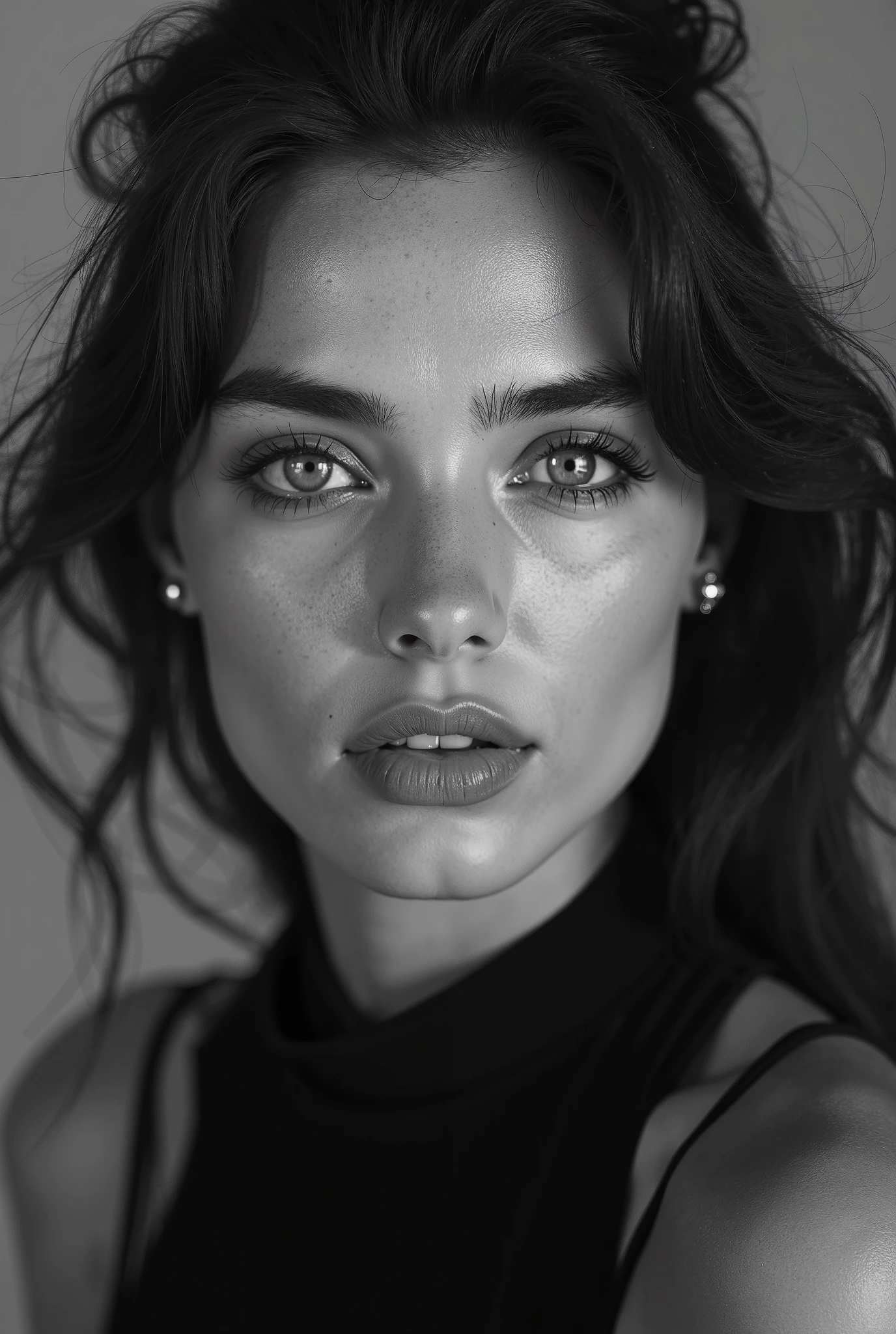 A close up of a woman with a black top and earrings - SeaArt AI