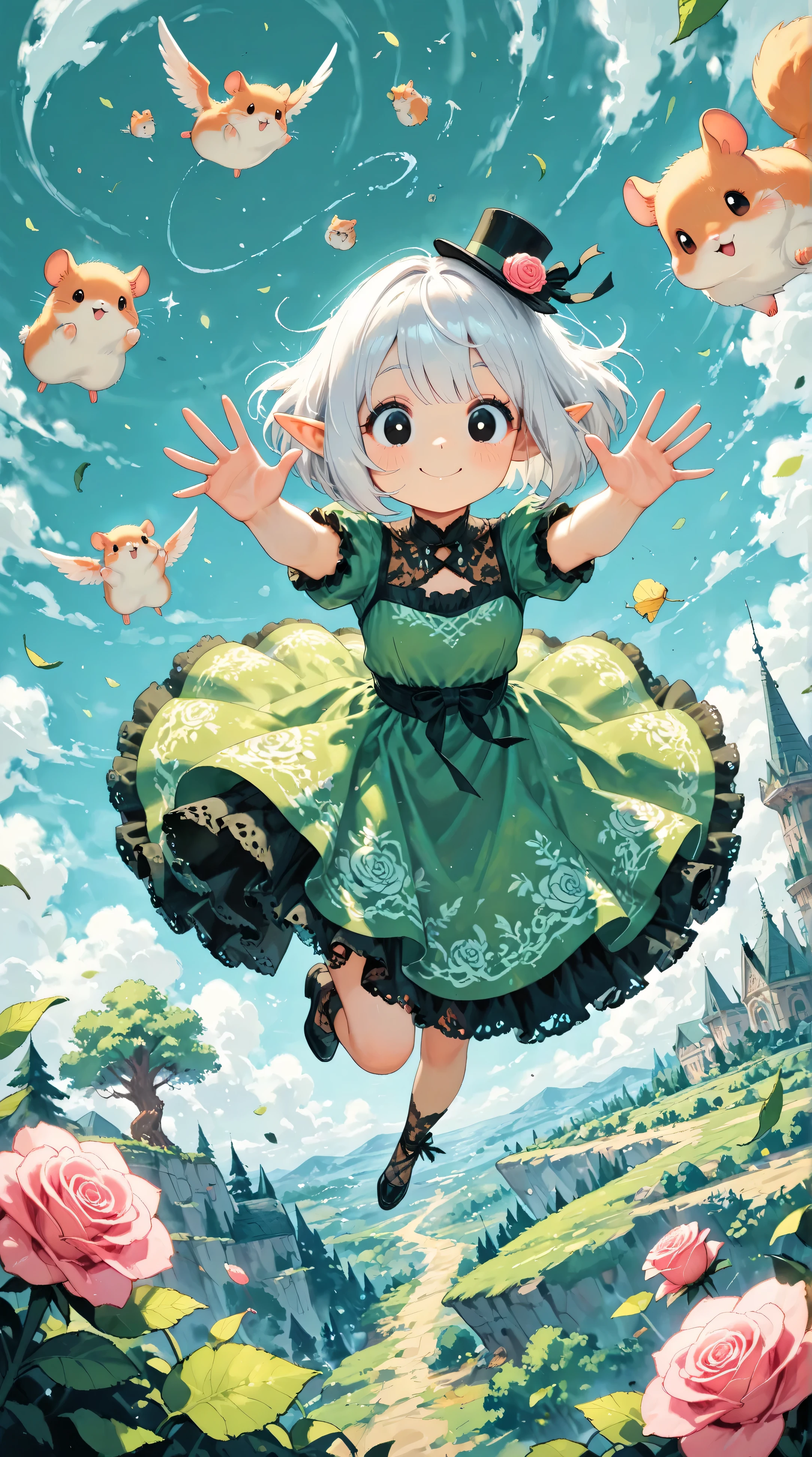 score_9, score_8_up, score_7_up, UHD, Masterpiece, amazing quality, very aesthetic, absurdres, ultra-detailed, 1girl\solo\(hamuko-chan, elf, silver bob cut,  mini hat\pink rose\lace, Intricate:1.3\Green leaf dress\frill, lace), (magic\wind & light & flower magic:1.3, smile),  stand on the leaves of the world tree, BREAK, (Cute animal hamster\animal, Djungarian, round eyes, fluffy fur), BREAK, BREAK, BREAK, huge world tree:1.2, dynamic angle:1.5, panorama:1.2, cinematic:1.3