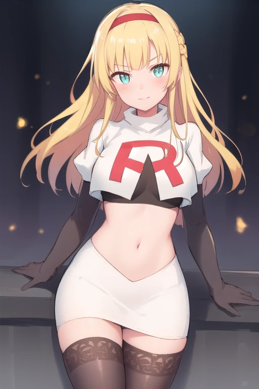 ((masterpiece,best quality)), team rocket,team rocket uniform, red letter R, white skirt,white crop top,black thigh-highs,black elbow gloves zettai ryouiki,  (finely detailed beautiful eyes: 1.2), phyami, yaminor, 1girl, solo, blonde hair, long hair, red eyes, very long hair, horns on head