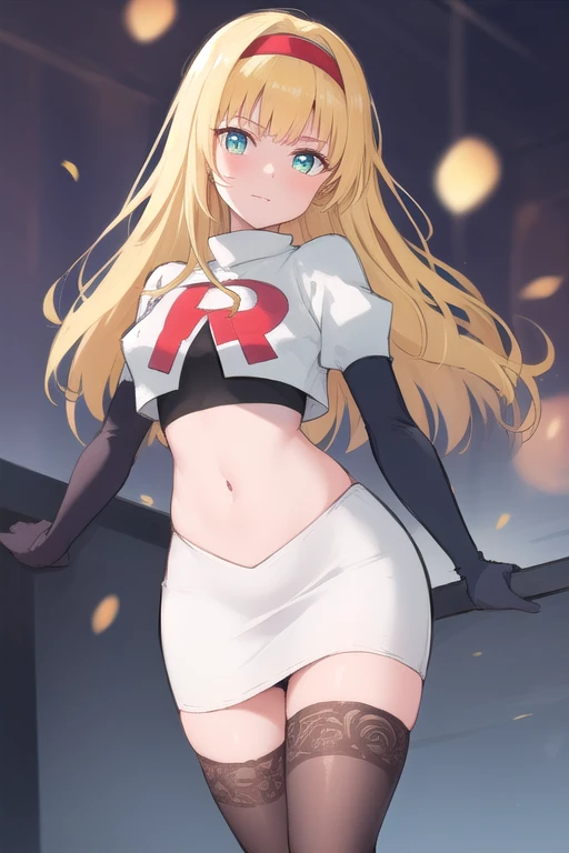 (best quality:1.1), (masterpiece:1.4), (absurdres:1.0),
1girl, kashiwazaki sena, butterfly_hair_ornament, blond hair, solo focus, team rocket,team rocket uniform,white skirt,crop top,black thigh-highs,black elbow gloves,
