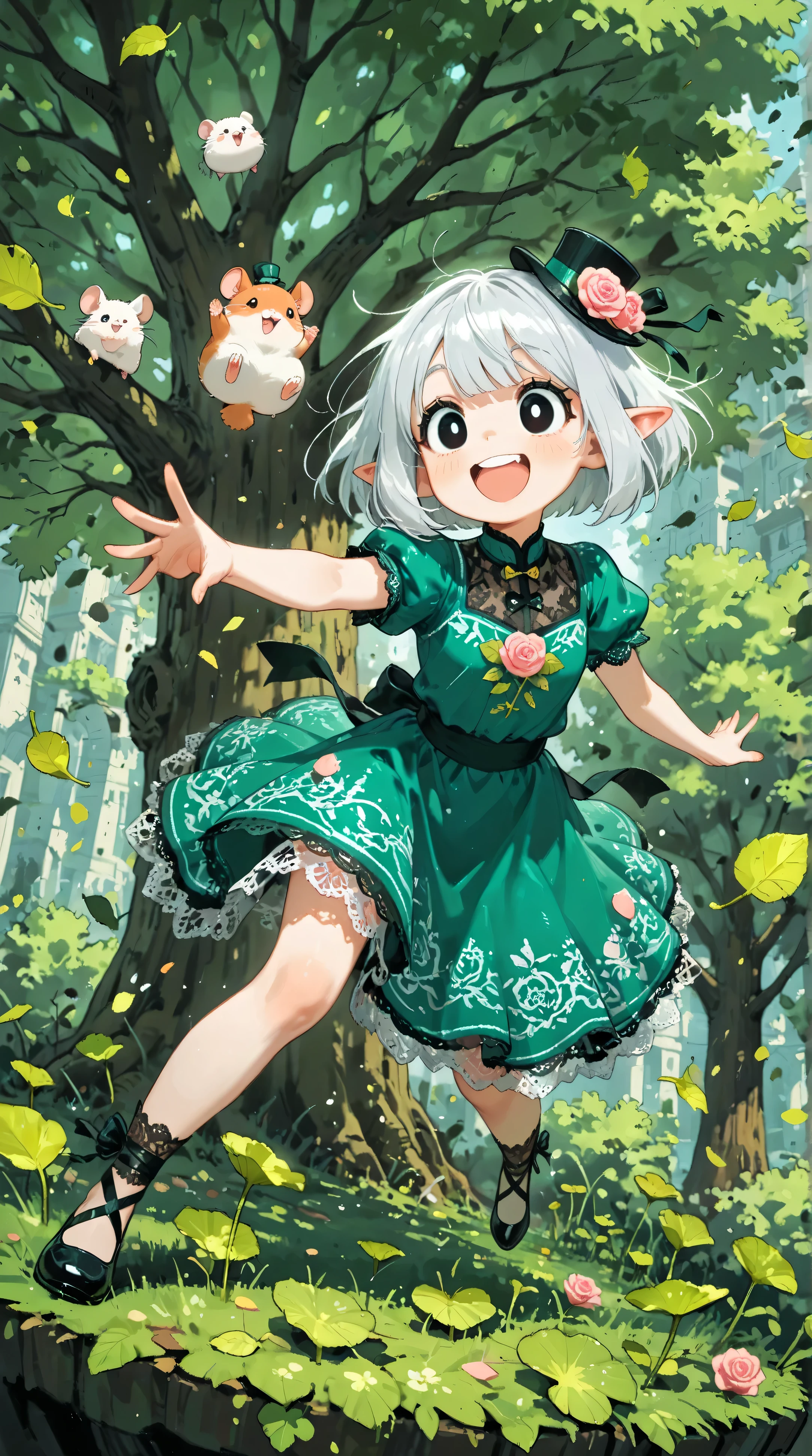 score_9, score_8_up, score_7_up, UHD, Masterpiece, amazing quality, very aesthetic, absurdres, ultra-detailed, 1girl\solo\(hamuko-chan, elf, silver bob cut,  mini hat\pink rose\lace, Intricate:1.3\Green leaf dress\frill, lace), (magic\wind & light & flower magic:1.3, smile),  stand on the leaves of the world tree, BREAK, (Cute animal hamster\animal, Djungarian, round eyes, fluffy fur), BREAK, BREAK, BREAK, huge world tree:1.2, dynamic angle:1.5, panorama:1.2, cinematic:1.3