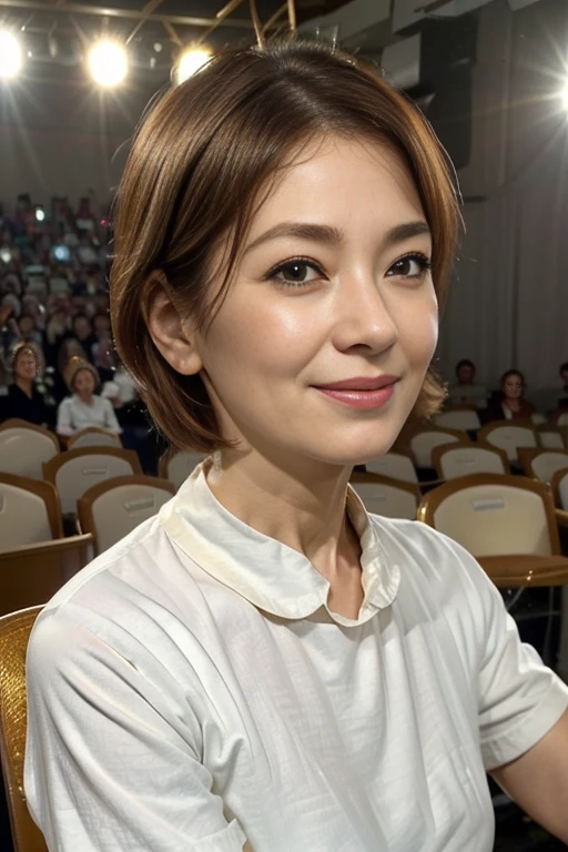 8k wallpaper, masterpiece, Highest quality, Very detailed, One Mature Woman, 50 years old, Become very clear, Wearing a short-sleeved knit, Skin dents, Captivating smile, Looking at the audience, No lapel microphone, Plump, Curvaceous, Attractive face, Smiling with teeth showing, I was happy, sitting in a cafe, Background Blur
