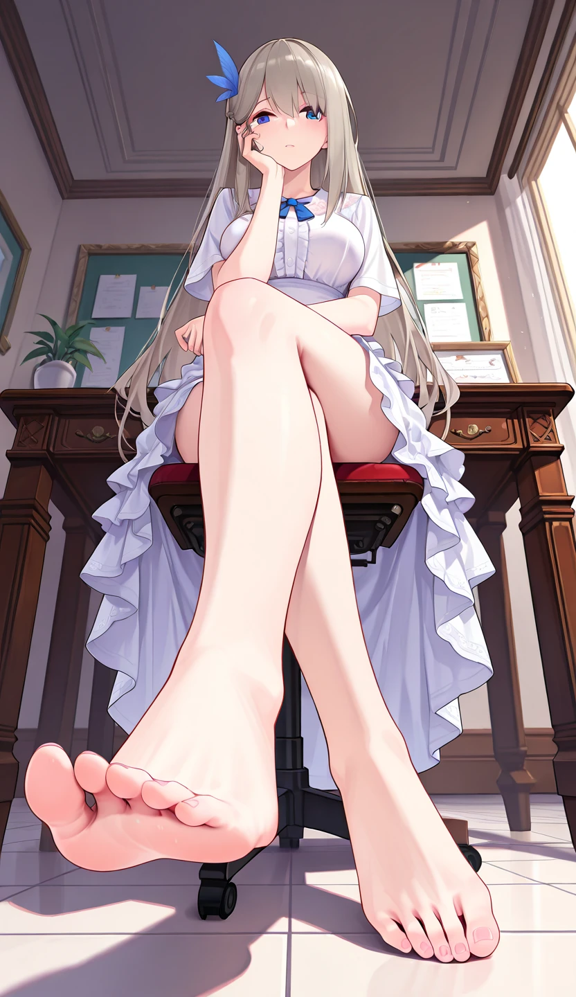 1 girl,gray hair,purple eyes,maid,long hair,Drooping eyes,yandere,2本feet,focus on legs,put your hand on your thigh, X-shaped hair band,from below,half closed eyes,jitome,blush,sweating,bare feet,feet,(5 fingers 1.5),onlys of feet,feet focus,sweating,bare feet,FFA,from below,feetを上げる,only,feet,Ultra-fine illustration looking at the viewer, perfect anatomy, highest quality, hire, great shading, beautiful skin, 1 , blush your nose, saliva, ecstasy,  close your eyes,   full body, sex, Youghal, touch the crotch, (Rubbing the crotch with your hands:1.2),,, suggestive pose,