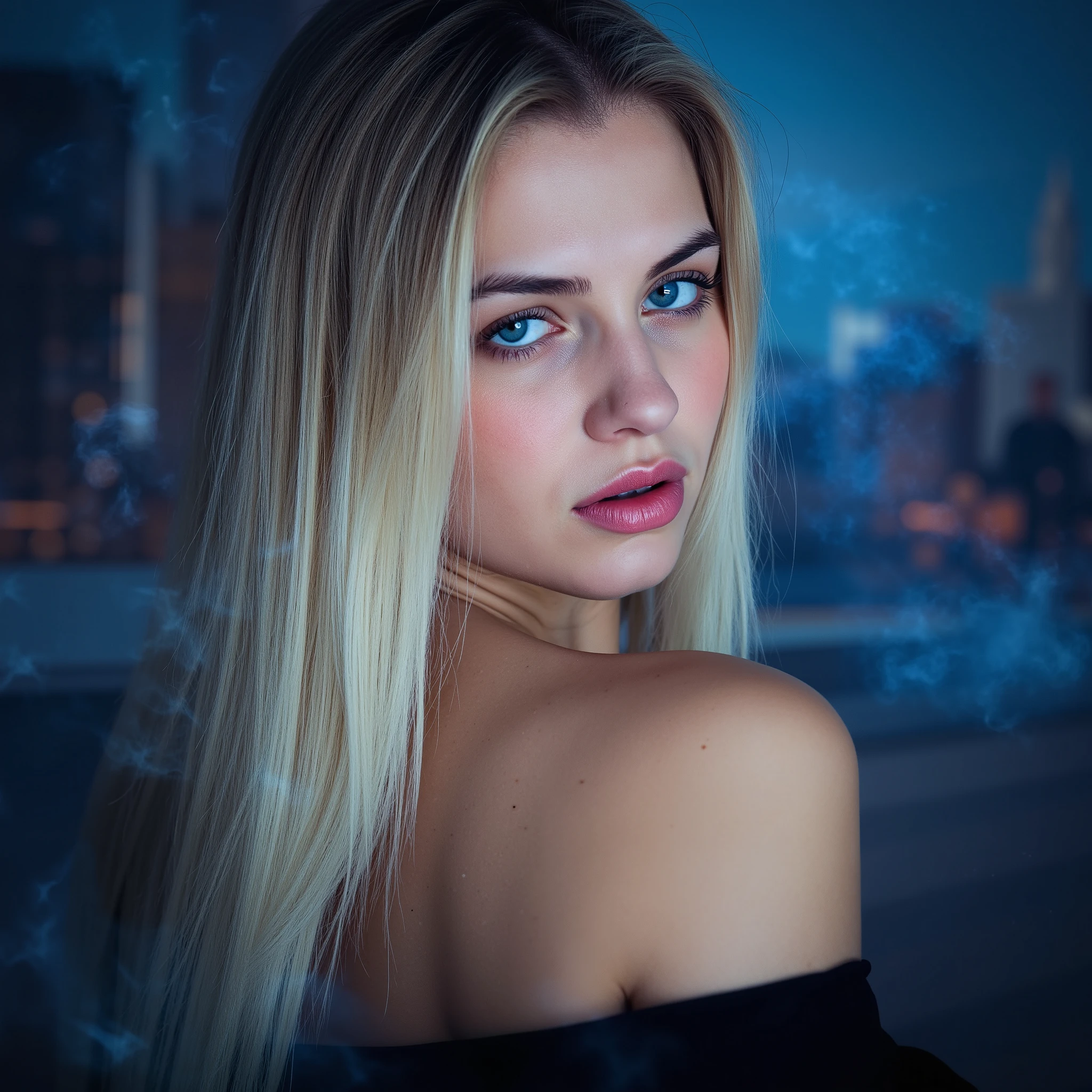 A double exposure portrait of an enchantress, her long blond hair blending with swirling mists, in the style of Carne Griffiths, Wadim Kashin, Harrison Fisher, and Brian Froud. girl, girl, clear blue eyes. Sexy lips, details on skin, 4k, glow, white skin, caucasian, american girl, cyberpunk background, bokeh. Her features rendered in exquisite, photorealistic detail, evoke mystique and allure. Black light ambiance, chiaroscuro. In the distance, a Jeremy Mann cityscape whispers secrets. --ar 9:16 --zoom 2 --lighting dramatic --style surreal, fantasy art, young teen woman away from the camera, black fabric outfit, futuristic, modern, cleavage, shoulders exposed. Vigilante, anti-hero, she is looking at the left side.