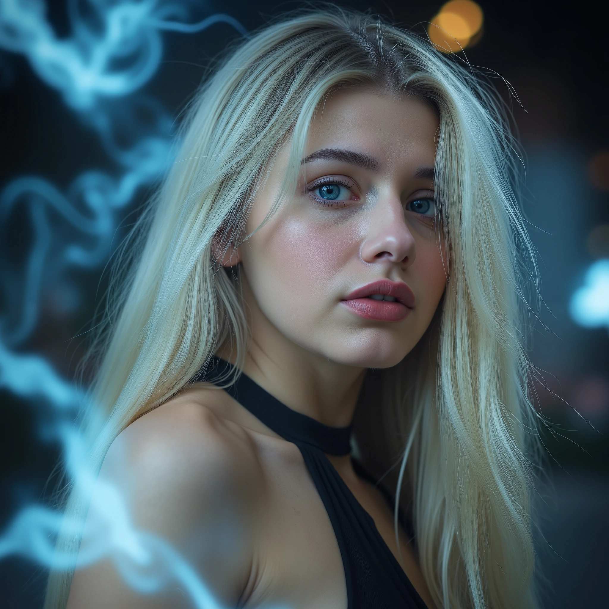 A double exposure portrait of an enchantress, her long blond hair blending with swirling mists, in the style of Carne Griffiths, Wadim Kashin, Harrison Fisher, and Brian Froud. girl, girl, clear blue eyes. Sexy lips, details on skin, 4k, glow, white skin, caucasian, american girl, cyberpunk background, bokeh. Her features rendered in exquisite, photorealistic detail, evoke mystique and allure. Black light ambiance, chiaroscuro. In the distance, a Jeremy Mann cityscape whispers secrets. --ar 9:16 --zoom 2 --lighting dramatic --style surreal, fantasy art, young teen woman away from the camera, black fabric outfit, futuristic, modern, cleavage, shoulders exposed. Vigilante, anti-hero, she is looking at the left side.