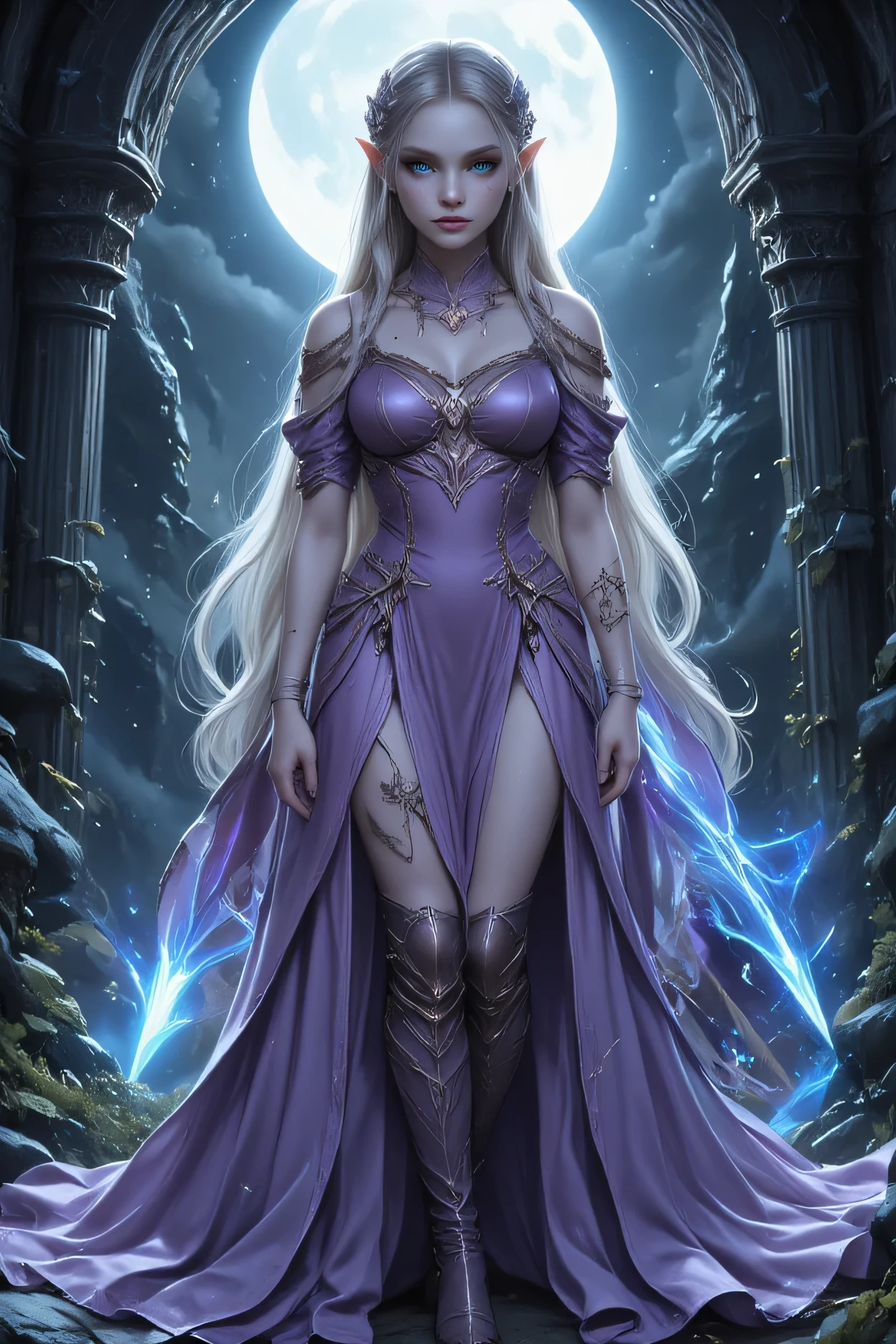 dark fantasy art, a picture of a fantasy, beautiful female elf, best detailed face,  pale skin, (blond: 1.2) hair, glowing eyes, blue eyes, wearing lavender dress, silk dress, wearing high heel boots, elegant boots, intricate dress, reflection light, it is night time, the moon is in the sky, a sense awe, might, magical runes. full body shot,  high details, best quality, 16k, [ultra detailed], masterpiece, best quality, (extremely detailed), close up, ultra wide shot, photorealistic, RAW, fantasy art, dnd art, fantasy art, realistic art,((best quality)), ((masterpiece)), (detailed), perfect face, fantasy, Glowing Runes