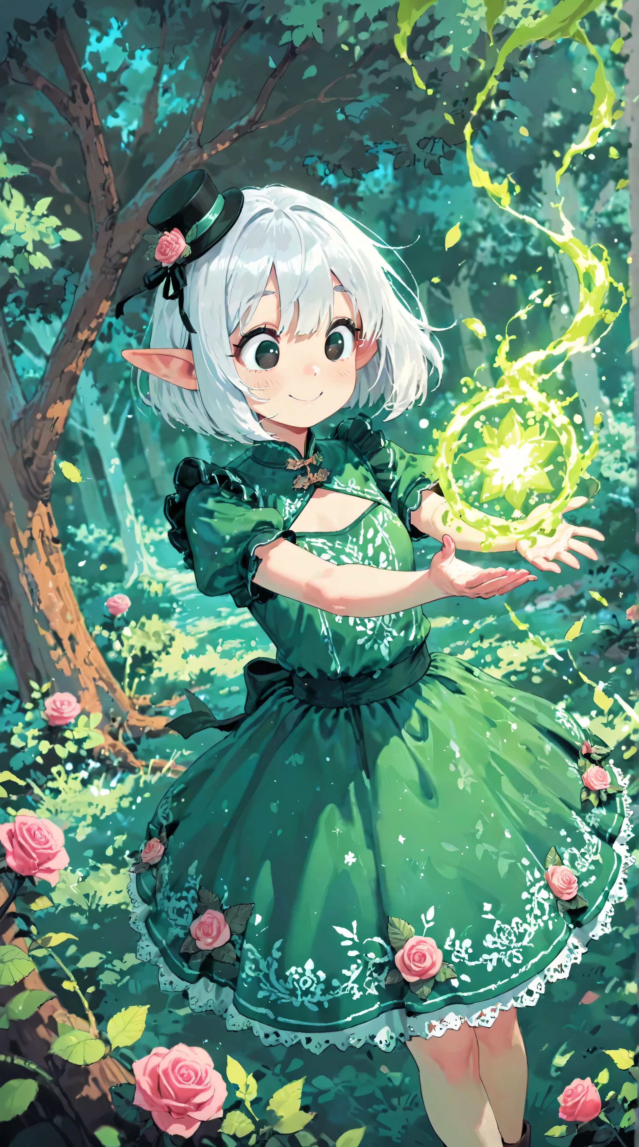 score_9, score_8_up, score_7_up, UHD, Masterpiece, amazing quality, very aesthetic, absurdres, ultra-detailed, 1girl\solo\(hamuko-chan, elf, silver bob cut, mini hat\pink rose\lace, Intricate:1.3\Green leaf dress\frill, lace), (magic\spilit of wind, smile), stand on the leaves of the world tree, BREAK, (Cute animal hamster\animal, Djungarian, round eyes, fluffy fur), BREAK, BREAK, BREAK, huge world tree:1.2, dynamic angle:1.5, panorama:1.2, cinematic:1.3