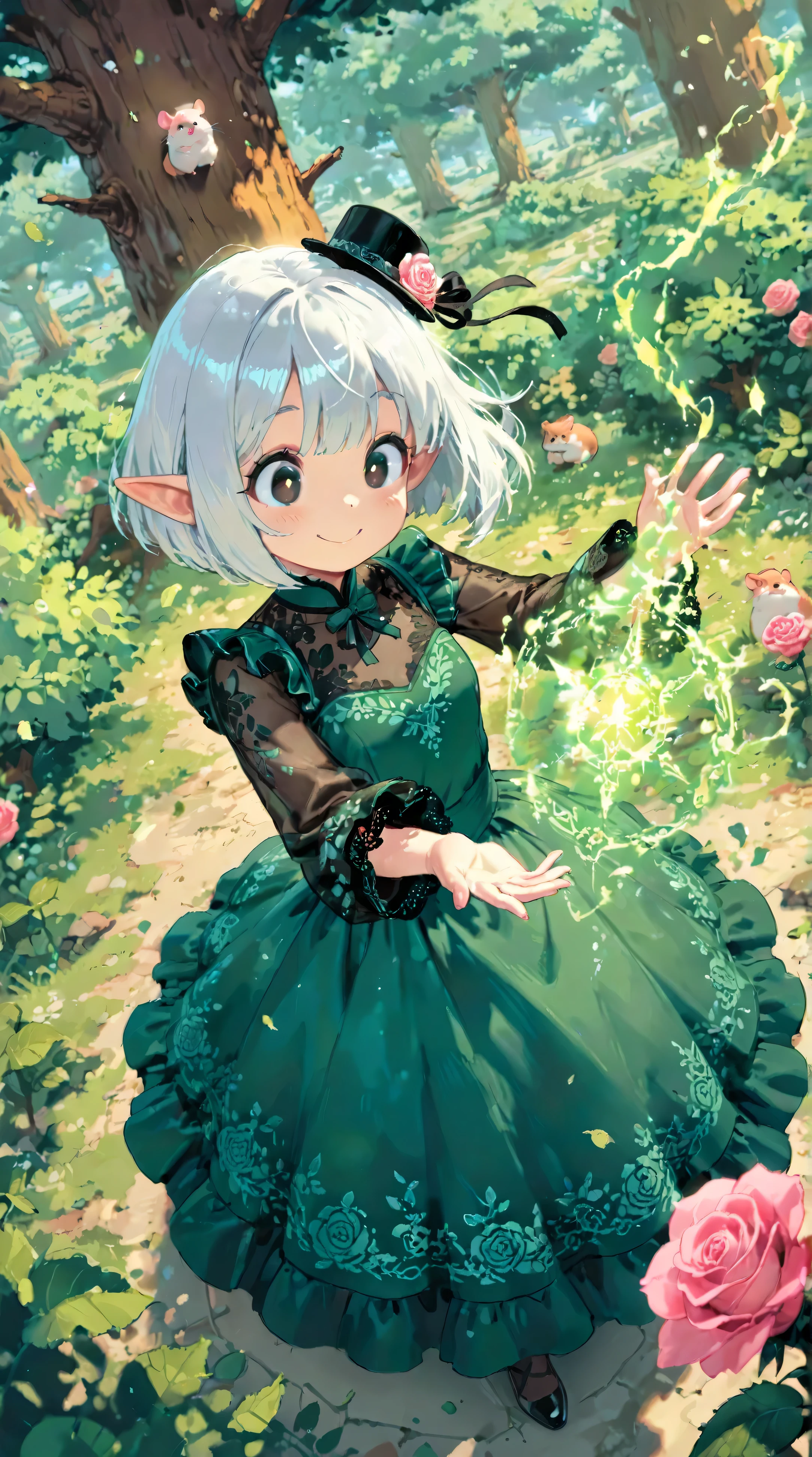score_9, score_8_up, score_7_up, UHD, Masterpiece, amazing quality, very aesthetic, absurdres, ultra-detailed, 1girl\solo\(hamuko-chan, elf, silver bob cut,  mini hat\pink rose\lace, Intricate:1.3\Green leaf dress\frill, lace), (magic\wind & light & flower magic:1.3, smile),  stand on the leaves of the world tree, BREAK, (Cute animal hamster\animal, Djungarian, round eyes, fluffy fur), BREAK, BREAK, BREAK, huge world tree:1.2, dynamic angle:1.5, panorama:1.2, cinematic:1.3