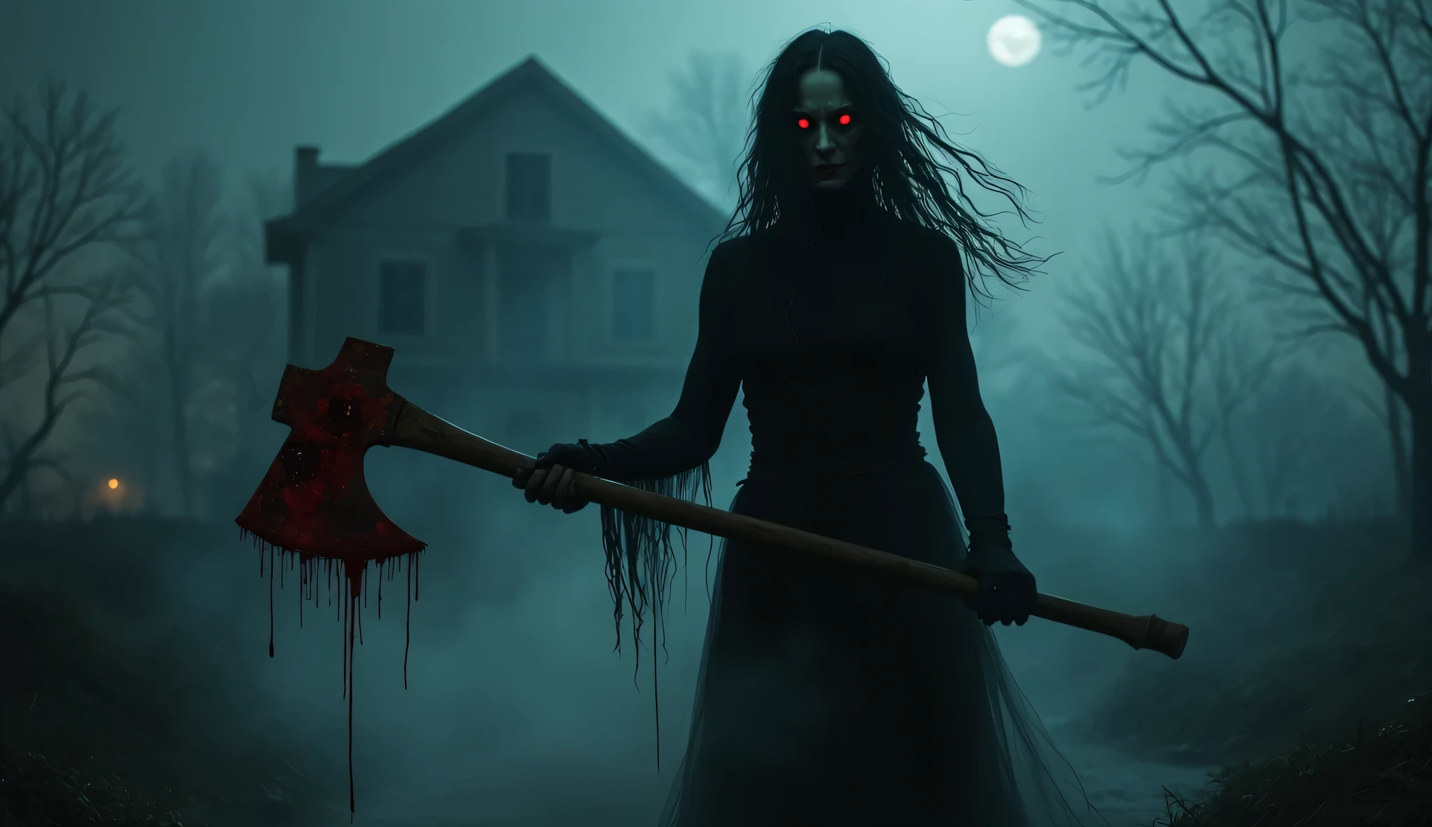 (extremely detailed monstrous bride,spooky cemetery scene, pitch-black night,creepy location,blood-drenched dress,disturbing skin and gaze)(best quality,horrifying atmosphere), (dark,macabre,grim) tones,(eerie,mysterious) lighting