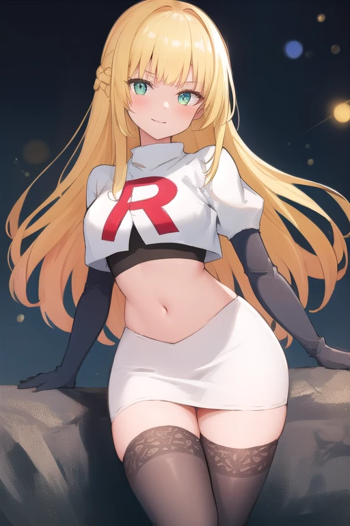 defIngrid, bangs, braided ponytail, green eyes, glossy lips ,team rocket uniform, red letter R, white skirt,white crop top,black thigh-high boots, black elbow gloves, sinister villianess look, looking down on viewer, sitting ,crossed legs, night sky background