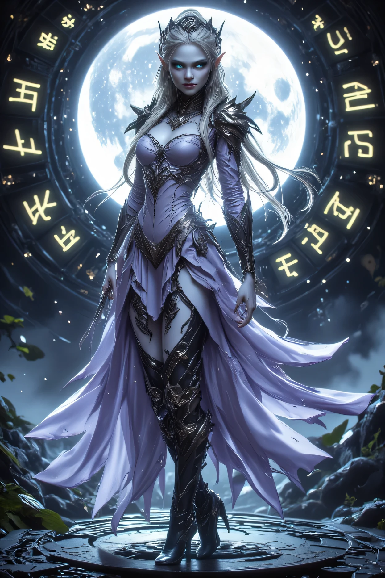 dark fantasy art, a picture of a fantasy, beautiful female elf, best detailed face,  pale skin, (blond: 1.2) hair, glowing eyes, blue eyes, wearing lavender dress, silk dress, wearing high heel boots, elegant boots, intricate dress, reflection light, it is night time, the moon is in the sky, a sense awe, might, magical runes. full body shot,  high details, best quality, 16k, [ultra detailed], masterpiece, best quality, (extremely detailed), close up, ultra wide shot, photorealistic, RAW, fantasy art, dnd art, fantasy art, realistic art,((best quality)), ((masterpiece)), (detailed), perfect face, fantasy, Glowing Runes