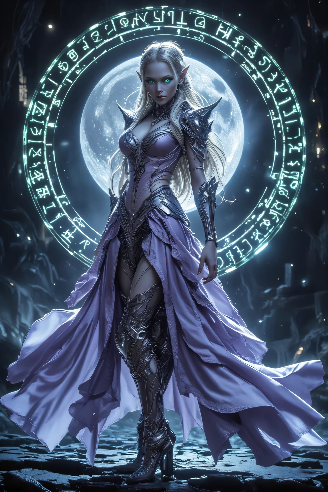 dark fantasy art, a picture of a fantasy, beautiful female elf, best detailed face,  pale skin, (blond: 1.2) hair, glowing eyes, blue eyes, wearing lavender dress, silk dress, wearing high heel boots, elegant boots, intricate dress, reflection light, it is night time, the moon is in the sky, a sense awe, might, magical runes. full body shot,  high details, best quality, 16k, [ultra detailed], masterpiece, best quality, (extremely detailed), close up, ultra wide shot, photorealistic, RAW, fantasy art, dnd art, fantasy art, realistic art,((best quality)), ((masterpiece)), (detailed), perfect face, fantasy, Glowing Runes