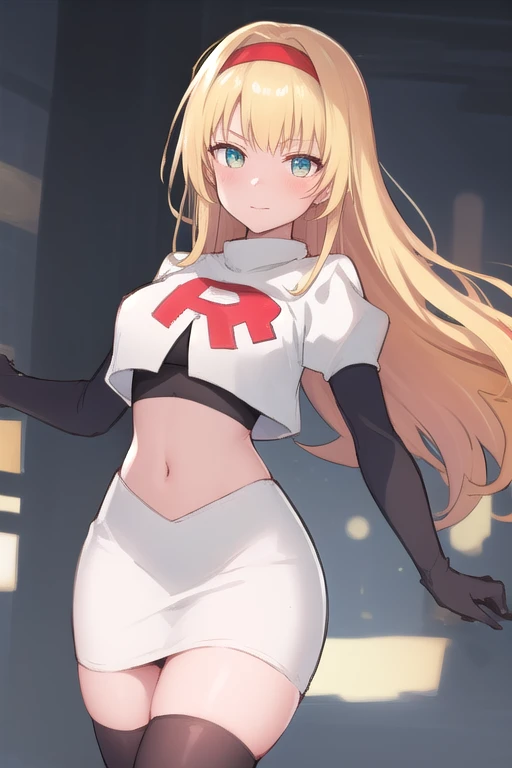 cintia (pokemon), 1 chica, solo ,pelo rubio, blue eyes ,pelo que cubre un ojo, adorno para el pelo ,pendientes ,uniforme del equipo cohete, letra roja R, falda blanca,top corto blanco,medias negras hasta el muslo, guantes negros hasta el codo,