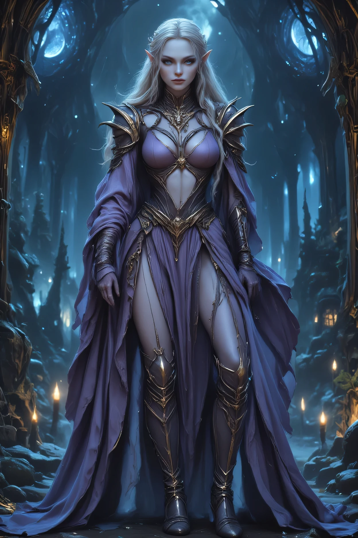 dark fantasy art, a picture of a fantasy, beautiful female elf, best detailed face,  pale skin, (blond: 1.2) hair, glowing eyes, blue eyes, wearing lavender dress, silk dress, wearing high heel boots, elegant boots, intricate dress, reflection light, it is night time, the moon is in the sky, a sense awe, might, magical runes. full body shot,  high details, best quality, 16k, [ultra detailed], masterpiece, best quality, (extremely detailed), close up, ultra wide shot, photorealistic, RAW, fantasy art, dnd art, fantasy art, realistic art,((best quality)), ((masterpiece)), (detailed), perfect face, fantasy, Glowing Runes