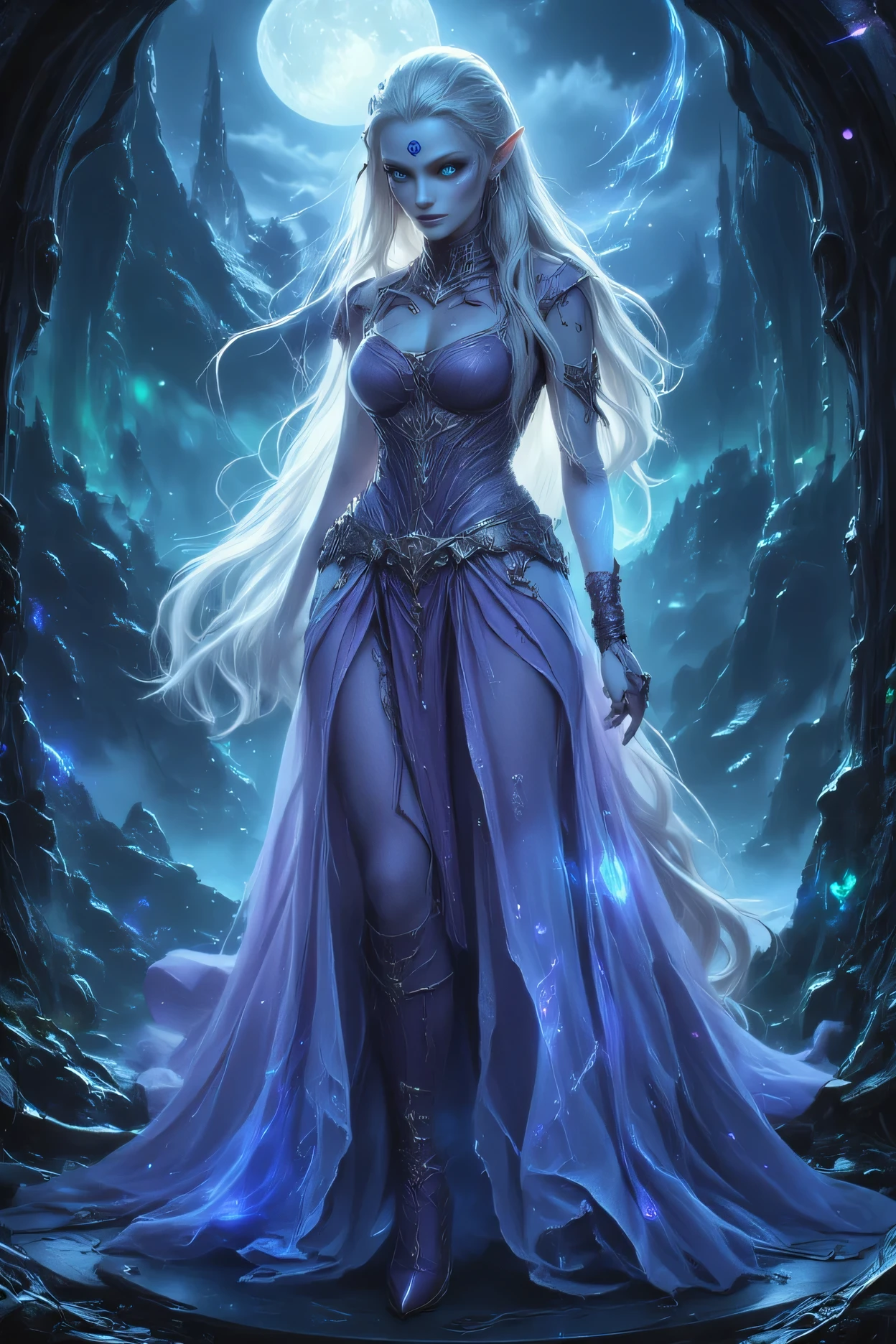 dark fantasy art, a picture of a fantasy, beautiful female elf, best detailed face,  pale skin, (blond: 1.2) hair, glowing eyes, blue eyes, wearing lavender dress, silk dress, wearing high heel boots, elegant boots, intricate dress, reflection light, it is night time, the moon is in the sky, a sense awe, might, magical runes. full body shot,  high details, best quality, 16k, [ultra detailed], masterpiece, best quality, (extremely detailed), close up, ultra wide shot, photorealistic, RAW, fantasy art, dnd art, fantasy art, realistic art,((best quality)), ((masterpiece)), (detailed), perfect face, fantasy, Glowing Runes