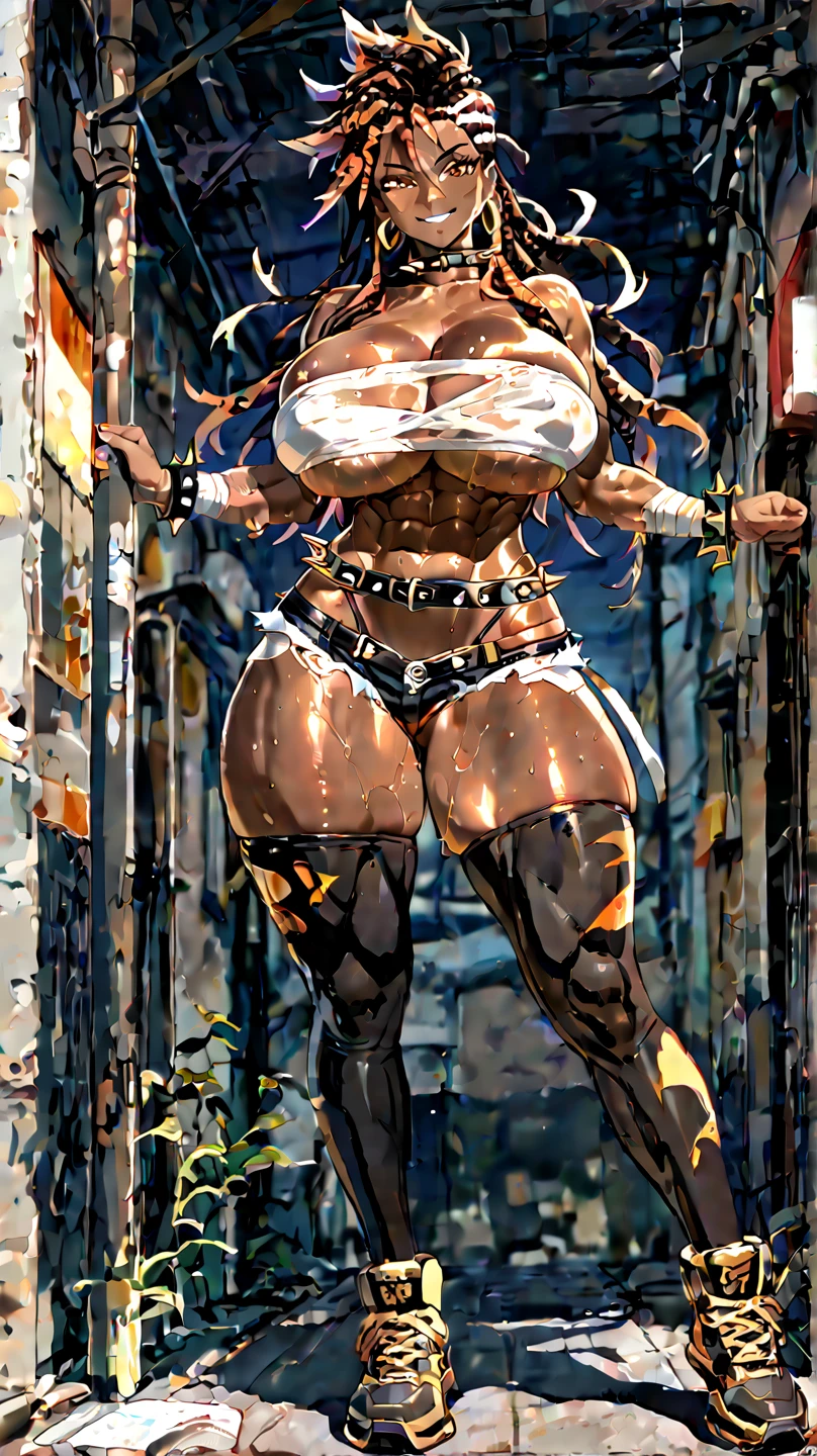 1girl, black hair, yellow eyes, latina, very long hair, muscular, tall, wide hips, solo, thick thighs, large breasts, sweaty, long 1910s minidress, from below, from side, from back, dutch angle, (pink colored skin, age marks, age spots, oil painting, flat colors only, hard brush rendering)