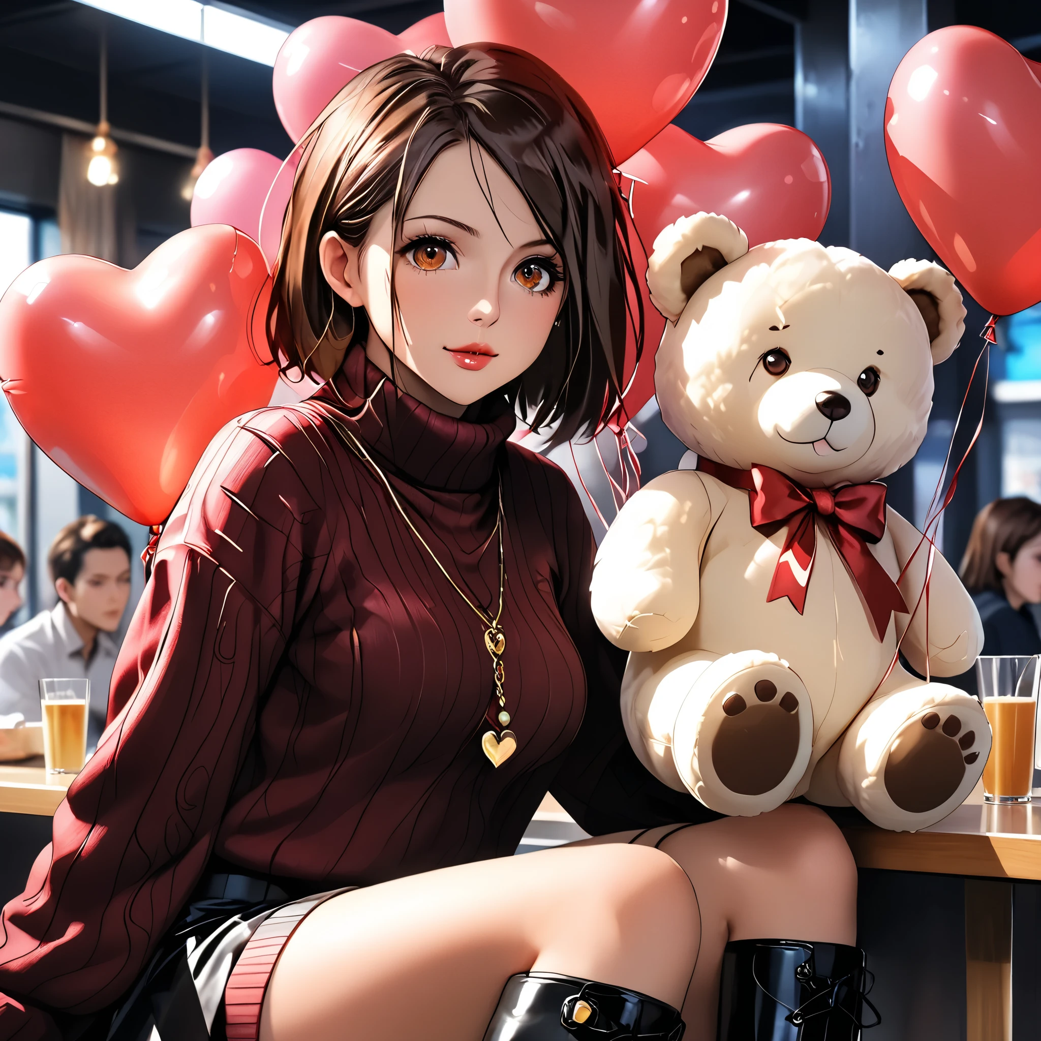 (beautiful girl:1.3),1girl,masterpiece,Highest quality,Ultra-high resolution,rich contrast,super high quality,8k,Highly detailed CG unit wallpaper,texture,Incredibly absurd,Ultra-high resolution,Highest quality anime,professional photograph,an extremely delicate and beautiful,RAW Photos,Depth of Field 1.2,ultra-detailed eyes,Glitter Effect,Beautiful glossy lips, 25years old, gorgeous legs, noise perfect, gorgeous ass, dynamic pose, sensual woman, seductive woman, mature woman, Milf, maternal, shy look, full body, (type of photo: medium shot, portraying the person from head to waist), 1girl, kugisaki nobara, Nobara Kugisaki – Jujutsu Kaisen, brown eyes, brown hair, her hair is medium length and is styled with bangs that cover the right side of her forehead, Nobara Kugisaka,brown eyes,brown hair,short hair, Setting: A fair with neon lights, She is holding a teddy bear with a red bow and several heart balloons float around her. Her eyes reflect love and sweetness, Outfit: An oversized burgundy sweater with a turtleneck, leather leggings and tall black boots. Accessories: Wool gloves, a scarf in pink tones and a knitted hat with a pompom. Hair and makeup: natural makeup with a little highlighter and raspberry lips. in a cafeteria decorated with garlands of hearts,
