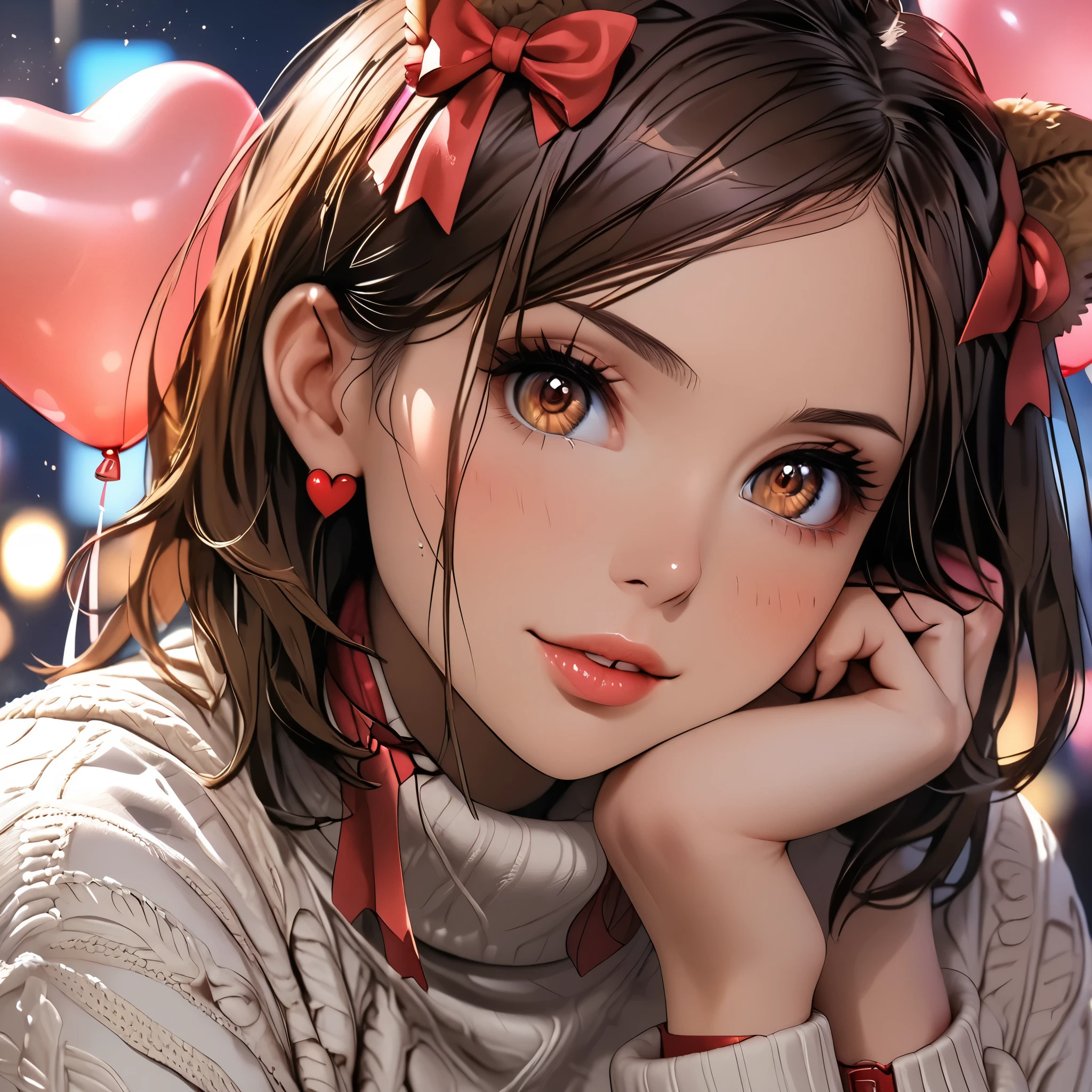 (beautiful girl:1.3),1girl,masterpiece,Highest quality,Ultra-high resolution,rich contrast,super high quality,8k,Highly detailed CG unit wallpaper,texture,Incredibly absurd,Ultra-high resolution,Highest quality anime,professional photograph,an extremely delicate and beautiful,RAW Photos,Depth of Field 1.2,ultra-detailed eyes,Glitter Effect,Beautiful glossy lips, 25years old, gorgeous legs, noise perfect, gorgeous ass, dynamic pose, sensual woman, seductive woman, mature woman, Milf, maternal, shy look, full body, (type of photo: medium shot, portraying the person from head to waist), 1girl, kugisaki nobara, Nobara Kugisaki – Jujutsu Kaisen, brown eyes, brown hair, her hair is medium length and is styled with bangs that cover the right side of her forehead, Nobara Kugisaka,brown eyes,brown hair,short hair, Setting: A fair with neon lights, She is holding a teddy bear with a red bow and several heart balloons float around her. Her eyes reflect love and sweetness, Outfit: An oversized burgundy sweater with a turtleneck, leather leggings and tall black boots. Accessories: Wool gloves, a scarf in pink tones and a knitted hat with a pompom. Hair and makeup: natural makeup with a little highlighter and raspberry lips. in a cafeteria decorated with garlands of hearts,