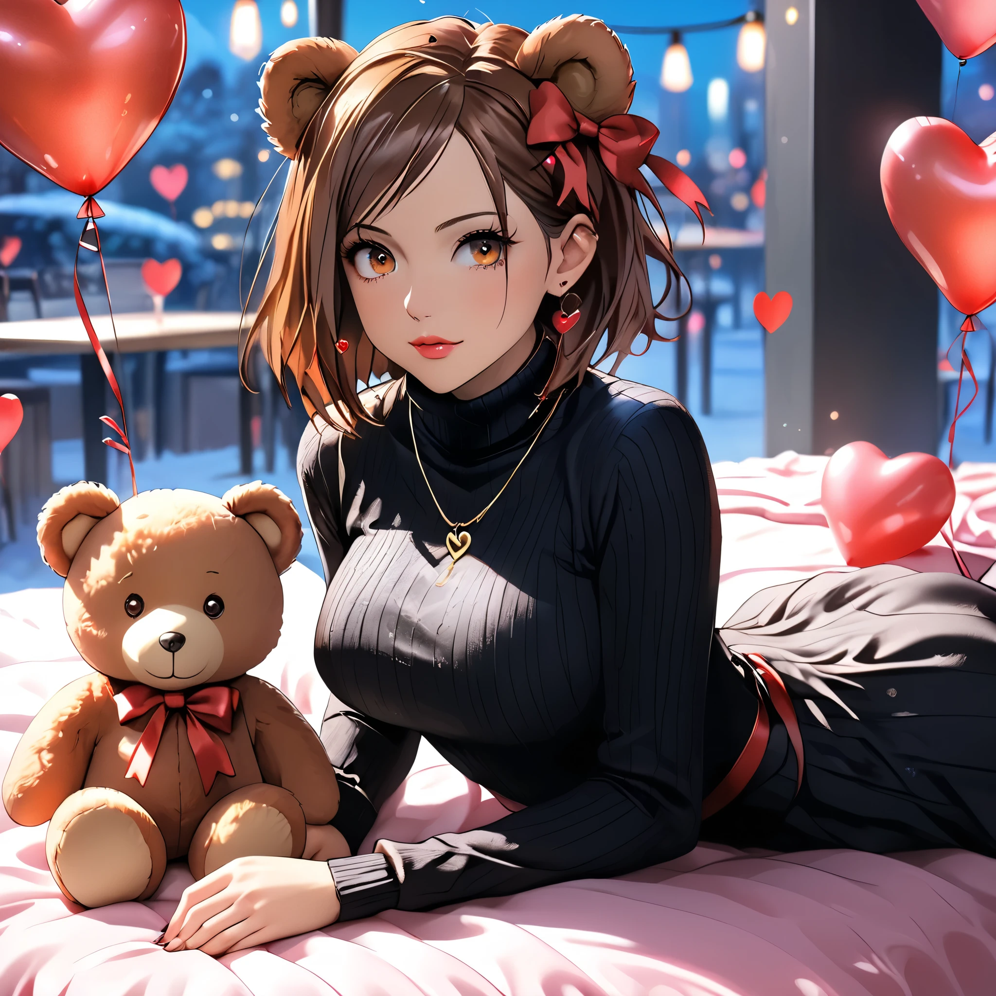 (beautiful girl:1.3),1girl,masterpiece,Highest quality,Ultra-high resolution,rich contrast,super high quality,8k,Highly detailed CG unit wallpaper,texture,Incredibly absurd,Ultra-high resolution,Highest quality anime,professional photograph,an extremely delicate and beautiful,RAW Photos,Depth of Field 1.2,ultra-detailed eyes,Glitter Effect,Beautiful glossy lips, 25years old, gorgeous legs, noise perfect, gorgeous , dynamic pose, sensual woman,  woman, mature woman, Milf, maternal, shy look, full body, (type of photo: medium shot, portraying the person from head to waist), 1girl, kugisaki nobara, Nobara Kugisaki – Jujutsu Kaisen, brown eyes, brown hair, her hair is medium length and is styled with bangs that cover the right side of her forehead, Nobara Kugisaka,brown eyes,brown hair,short hair, Setting: A fair with neon lights, She is holding a teddy bear with a red bow and several heart balloons float around her. Her eyes reflect love and sweetness, Outfit: An oversized burgundy sweater with a turtleneck, leather leggings and tall black boots. Accessories: Wool gloves, a scarf in pink tones and a knitted hat with a pompom. Hair and makeup: natural makeup with a little highlighter and raspberry lips. in a cafeteria decorated with garlands of hearts,