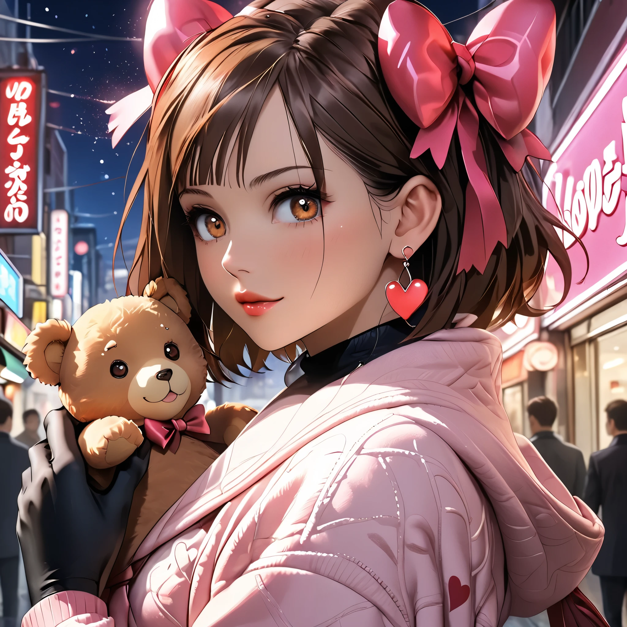 (beautiful girl:1.3),1girl,masterpiece,Highest quality,Ultra-high resolution,rich contrast,super high quality,8k,Highly detailed CG unit wallpaper,texture,Incredibly absurd,Ultra-high resolution,Highest quality anime,professional photograph,an extremely delicate and beautiful,RAW Photos,Depth of Field 1.2,ultra-detailed eyes,Glitter Effect,Beautiful glossy lips, 25years old, gorgeous legs, noise perfect, gorgeous ass, dynamic pose, sensual woman, seductive woman, mature woman, Milf, maternal, shy look, full body, (type of photo: medium shot, portraying the person from head to waist), 1girl, kugisaki nobara, Nobara Kugisaki – Jujutsu Kaisen, brown eyes, brown hair, her hair is medium length and is styled with bangs that cover the right side of her forehead, Nobara Kugisaka,brown eyes,brown hair,short hair, Setting: A fair with neon lights, She is holding a teddy bear with a red bow and several heart balloons float around her. Her eyes reflect love and sweetness, Outfit: An oversized burgundy sweater with a turtleneck, leather leggings and tall black boots. Accessories: Wool gloves, a scarf in pink tones and a knitted hat with a pompom. Hair and makeup: natural makeup with a little highlighter and raspberry lips. in a cafeteria decorated with garlands of hearts,