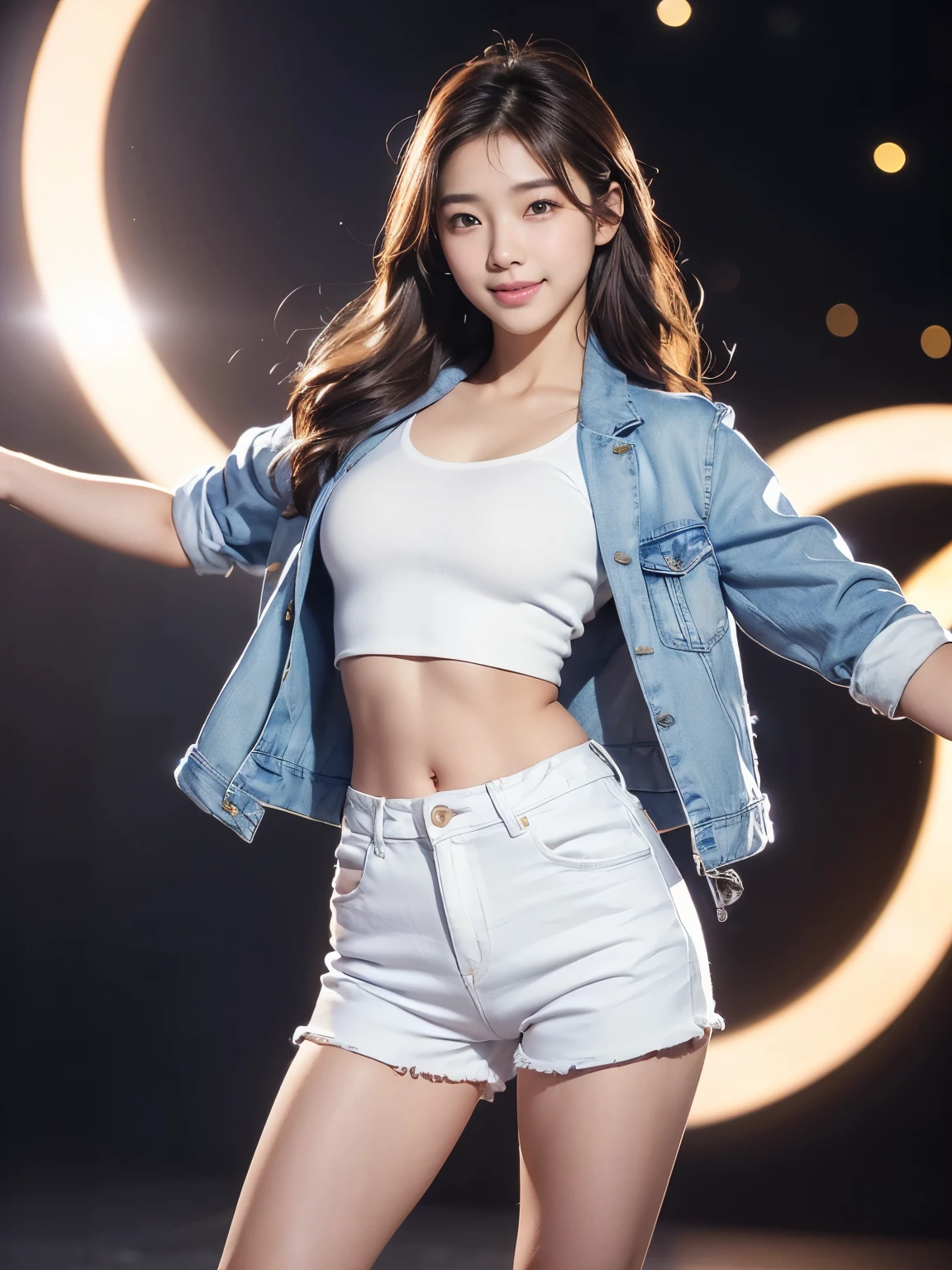 1girl in、(Super beautiful)、(ultra beautiful faces)、A detailed face、kpop star、spreads her legs、(Cool jackets and miniskirts:1.1)、white  panties、high-heels、Concert stage、At SFW