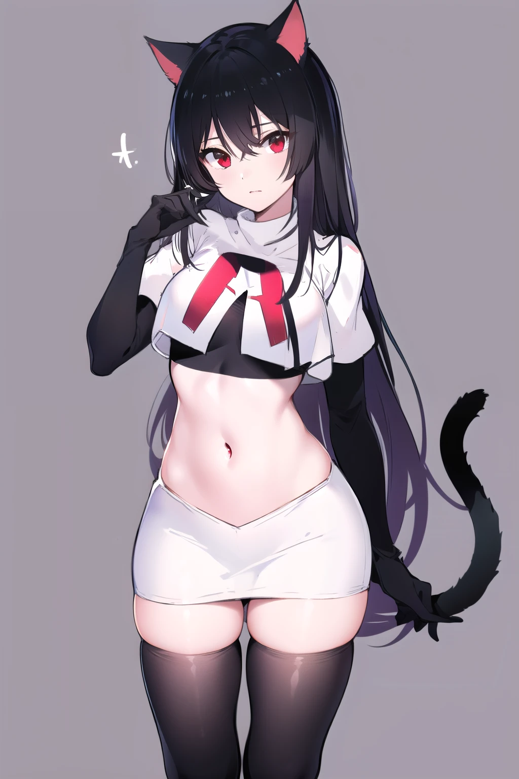 1girl, houraisan kaguya, touhou \\\\\ masterpiece, best quality, newest, black hair, , ///// by nyantcha, , by khyle, cutesexyrobutts \\\\\ ,, thin waist, highres, absurdes. looking at viewer, solo, naughty face, solo, dark brown eyes, hime cut, grey background, cropped legs, long hair, , simple background, large breasts,  cat lingerie, fake cat tail, fake cat ears, 
