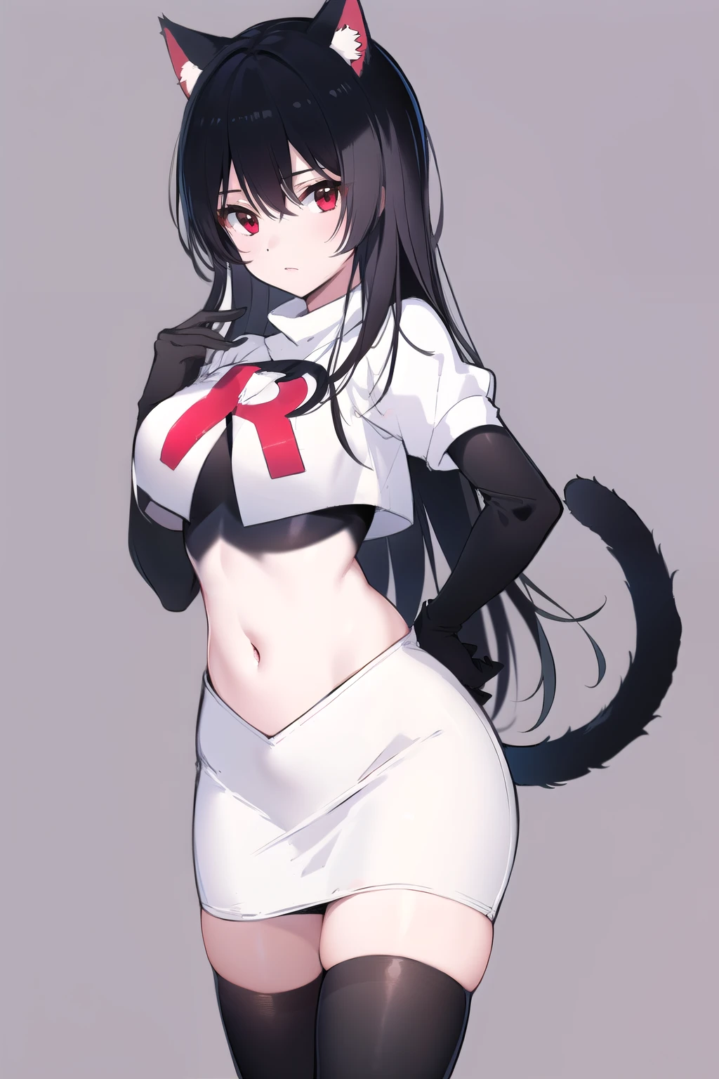 -1girl, solo, cat tail, tail, animal ears, red eyes, cat ears, long hair, black hair, breasts, cat girl, simple background, looking at viewer, hair between eyes, bangs, very long hair, medium breasts, tail raised, animal ear fluff, team rocket,team rocket uniform,white skirt,red letter R,crop top,black thigh-highs,black elbow gloves