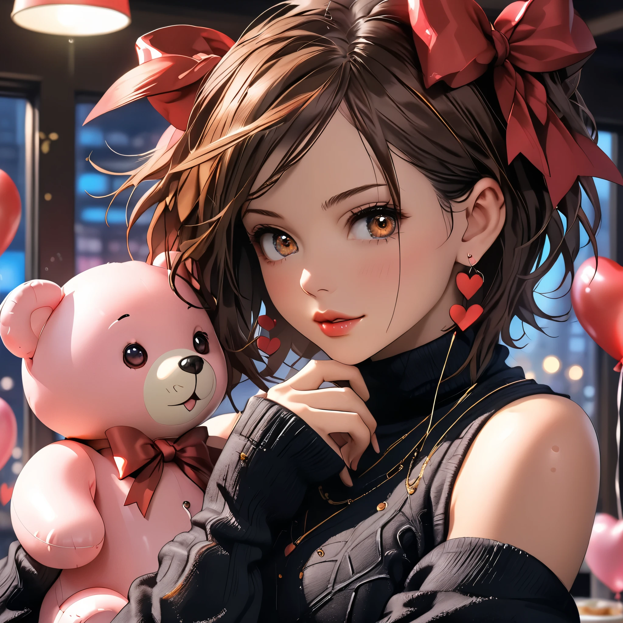 (beautiful girl:1.3),1girl,masterpiece,Highest quality,Ultra-high resolution,rich contrast,super high quality,8k,Highly detailed CG unit wallpaper,texture,Incredibly absurd,Ultra-high resolution,Highest quality anime,professional photograph,an extremely delicate and beautiful,RAW Photos,Depth of Field 1.2,ultra-detailed eyes,Glitter Effect,Beautiful glossy lips, 25years old, gorgeous legs, noise perfect, gorgeous ass, dynamic pose, sensual woman, seductive woman, mature woman, Milf, maternal, shy look, full body, (type of photo: medium shot, portraying the person from head to waist), 1girl, kugisaki nobara, Nobara Kugisaki – Jujutsu Kaisen, brown eyes, brown hair, her hair is medium length and is styled with bangs that cover the right side of her forehead, Nobara Kugisaka,brown eyes,brown hair,short hair, Setting: A fair with neon lights, She is holding a teddy bear with a red bow and several heart balloons float around her. Her eyes reflect love and sweetness, Outfit: An oversized burgundy sweater with a turtleneck, leather leggings and tall black boots. Accessories: Wool gloves, a scarf in pink tones and a knitted hat with a pompom. Hair and makeup: natural makeup with a little highlighter and raspberry lips. in a cafeteria decorated with garlands of hearts,