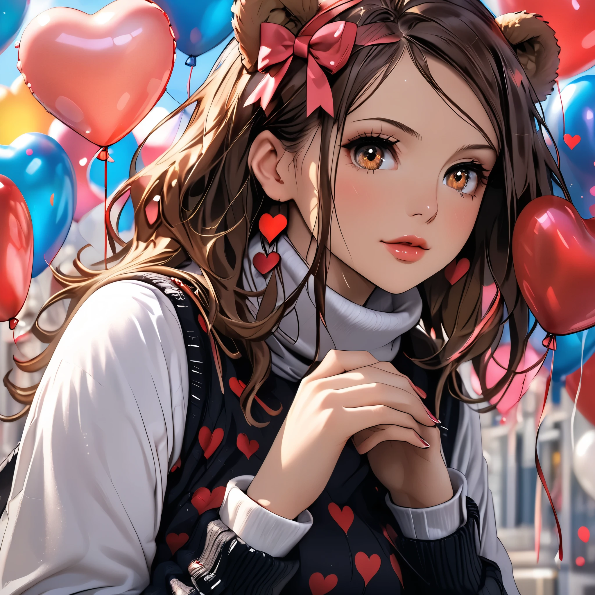 (beautiful girl:1.3),1girl,masterpiece,Highest quality,Ultra-high resolution,rich contrast,super high quality,8k,Highly detailed CG unit wallpaper,texture,Incredibly absurd,Ultra-high resolution,Highest quality anime,professional photograph,an extremely delicate and beautiful,RAW Photos,Depth of Field 1.2,ultra-detailed eyes,Glitter Effect,Beautiful glossy lips, 25years old, gorgeous legs, noise perfect, gorgeous ass, dynamic pose, sensual woman, seductive woman, mature woman, Milf, maternal, shy look, full body, (type of photo: medium shot, portraying the person from head to waist), 1girl, kugisaki nobara, Nobara Kugisaki – Jujutsu Kaisen, brown eyes, brown hair, her hair is medium length and is styled with bangs that cover the right side of her forehead, Nobara Kugisaka,brown eyes,brown hair,short hair, Setting: A fair with neon lights, She is holding a teddy bear with a red bow and several heart balloons float around her. Her eyes reflect love and sweetness, Outfit: An oversized burgundy sweater with a turtleneck, leather leggings and tall black boots. Accessories: Wool gloves, a scarf in pink tones and a knitted hat with a pompom. Hair and makeup: natural makeup with a little highlighter and raspberry lips. in a cafeteria decorated with garlands of hearts,