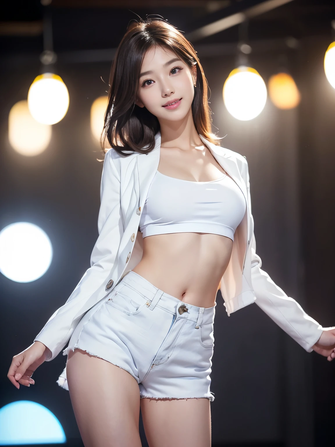 8K, masterpiece, RAW photos, Best quality, Realistically, Extremely detailed CG unified 8K, 8K, diamond, and wallpaper, Depth of Field, light, lens flare, Ray Tracing, (Extremely beautiful face, Beautiful lips, beautiful eyes), Delicate face, ((Ultra-delicate skin)) 1 big breasted girl, Beautiful Korean girl, Korean pop idol,1 big breasted girl, Extremely detailed, Surrealism, Highly detailed CG illustrations, Official Art, light, Practical, young beautiful girl, Perfect body, Perfect body, Full view, Perfect body, (Start from below:1.3), Sexy pose,(:1.0), Sexy long legs, (Big thigh gap:1.5),Wide hips,confidence, Beautiful and sexy, White short sleeve, Open the abdomen, big, Lightweight denim shorts, S-Shaped Body, Hips lifted,Place in,Obscene pose,Different perspectives,Looking at the audience, (Pale skin), (big eyes),(Smile:0.8),Look Back, Rear Projection,