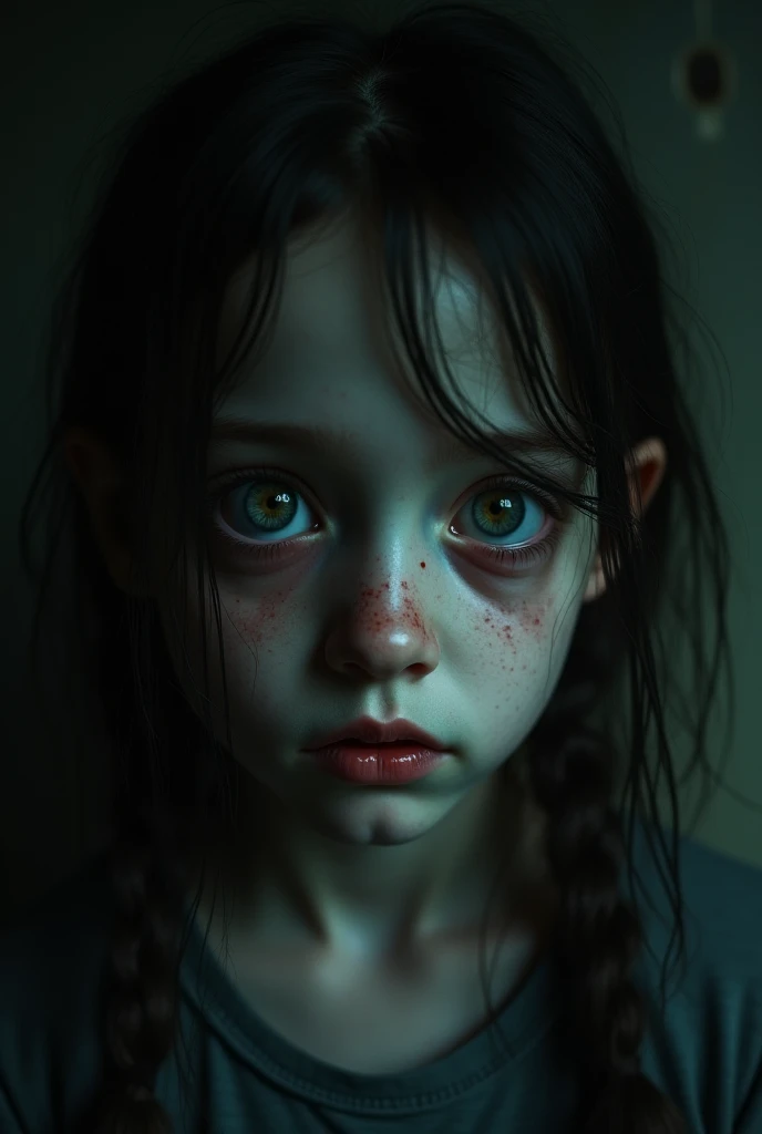 A strange girl with a cold face stared with big round eyes, a picture full of horror on her face.