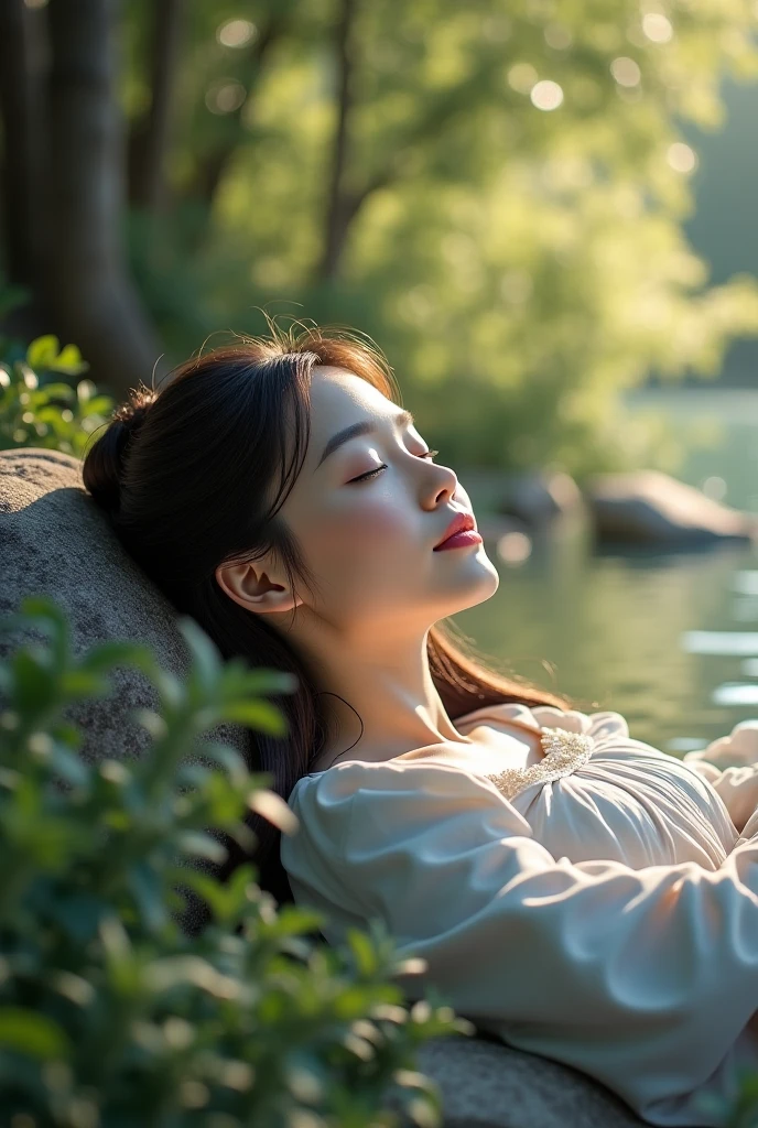 A Korean woman, Lee Young-ae, lying down in a river with flowers, (best quality,4k,8k,highres,masterpiece:1.2),ultra-detailed,(realistic,photorealistic,photo-realistic:1.37),1girl,drowing,body lies down,water,river,flower,nature,serene,calming,soft lighting,warm colors,beautiful scenery,cinematic,portrait